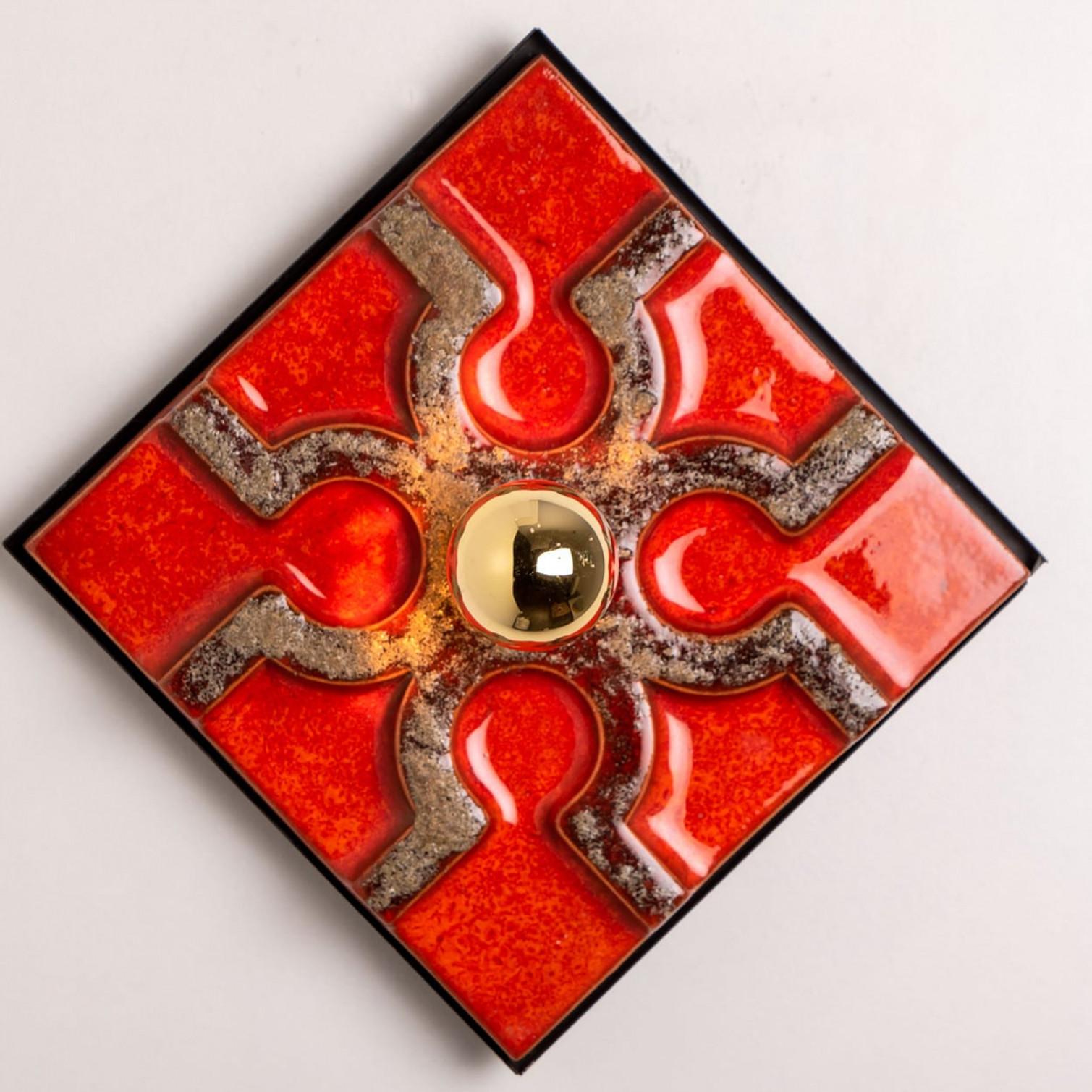 Glazed Fat Lava Brown and Red Ceramic Geometric Wall Light, West-Germany For Sale