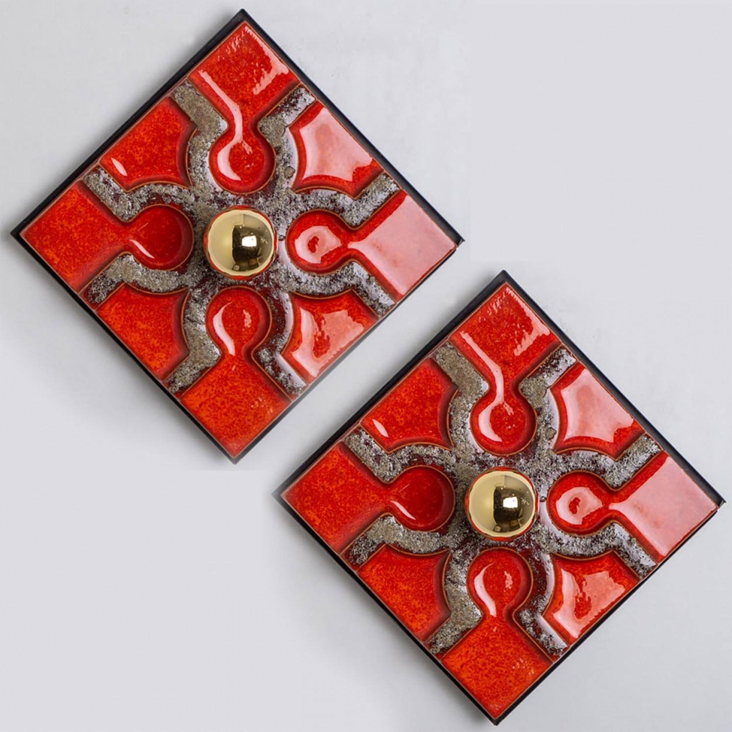 Fat Lava Brown and Red Ceramic Geometric Wall Light, West-Germany For Sale 1