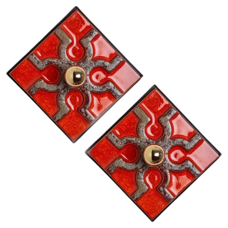 Fat Lava Brown and Red Ceramic Geometric Wall Light, West-Germany