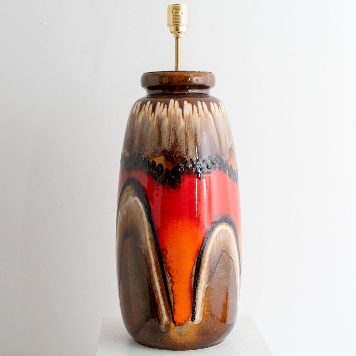 Mid-Century Modern Fat Lava Brown and Red Glazed Ceramic Table Lamp, West-Germany