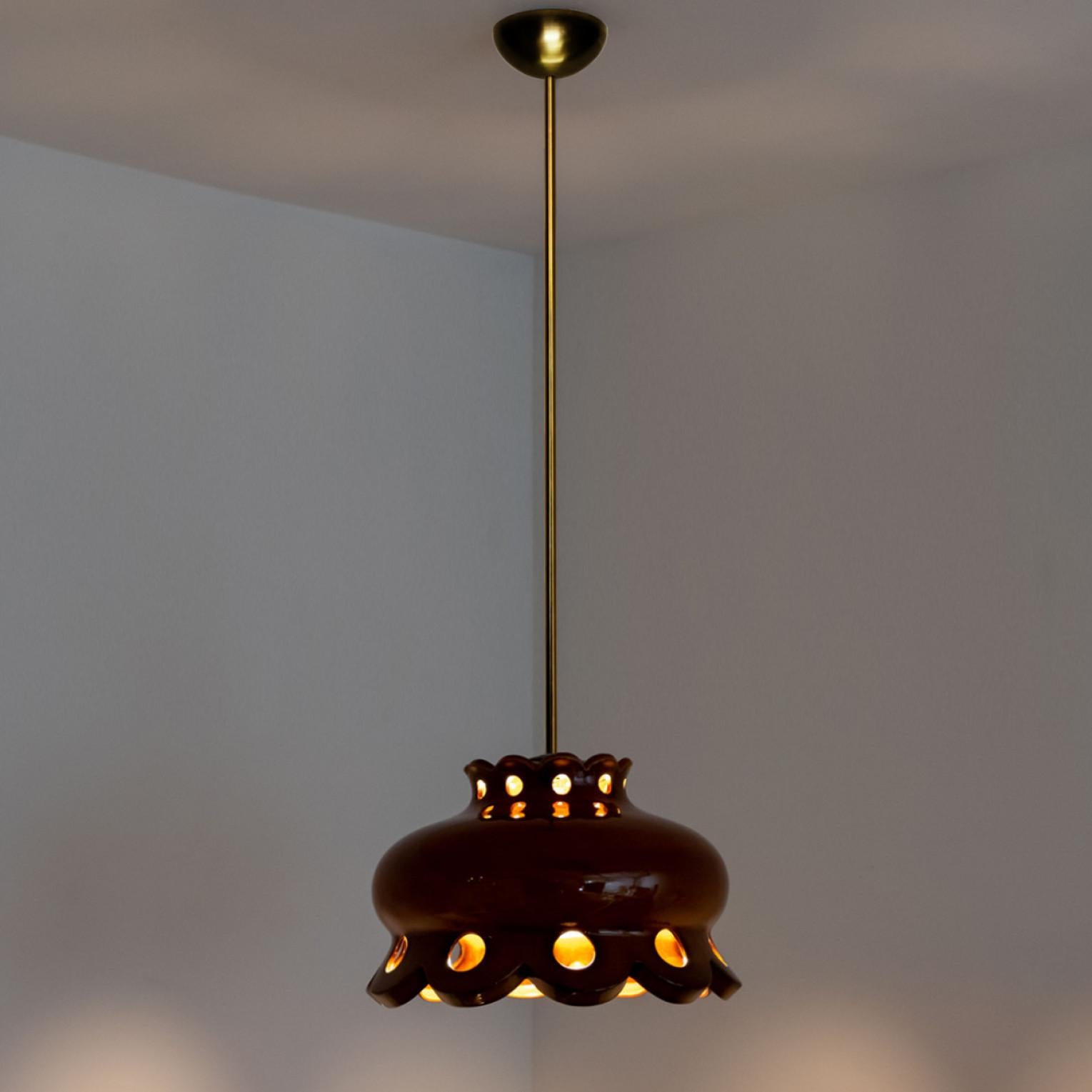 Brass Fat Lava Brown Ceramic Glazed Chandelier, Germany For Sale