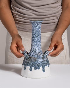 Fat Lava Ceramic Vase, Blue Floral Pattern, German Design, 1960s