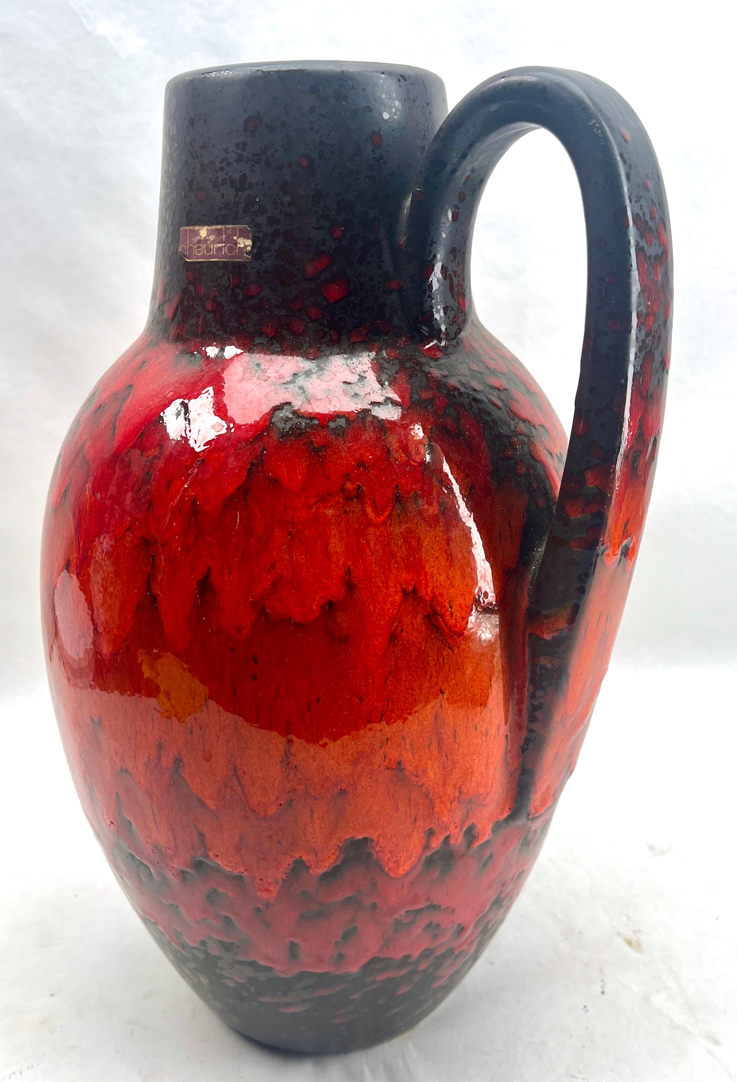 Peint à la main Vase de sol en lave grasse avec glaçure rouge à gouttes 'Scheurich 279-38, W-Germany', années 1960 en vente