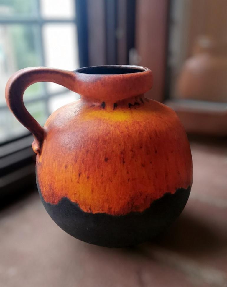 Fat Lava German Jug With Colored And Glazed Ceramic Handle For Sale 7