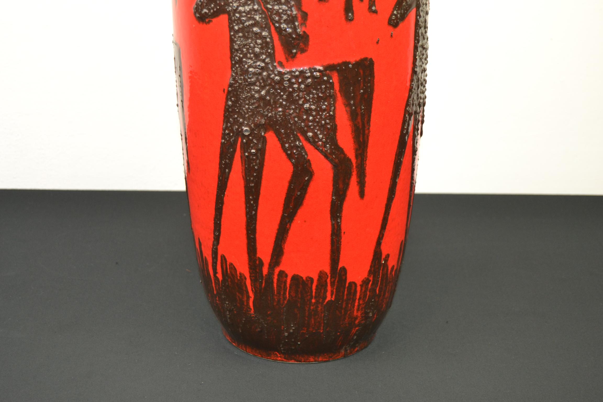Mid-Century Modern Red Fat Lava Horses Vase by Scheurich, Western Germany, 1960s For Sale