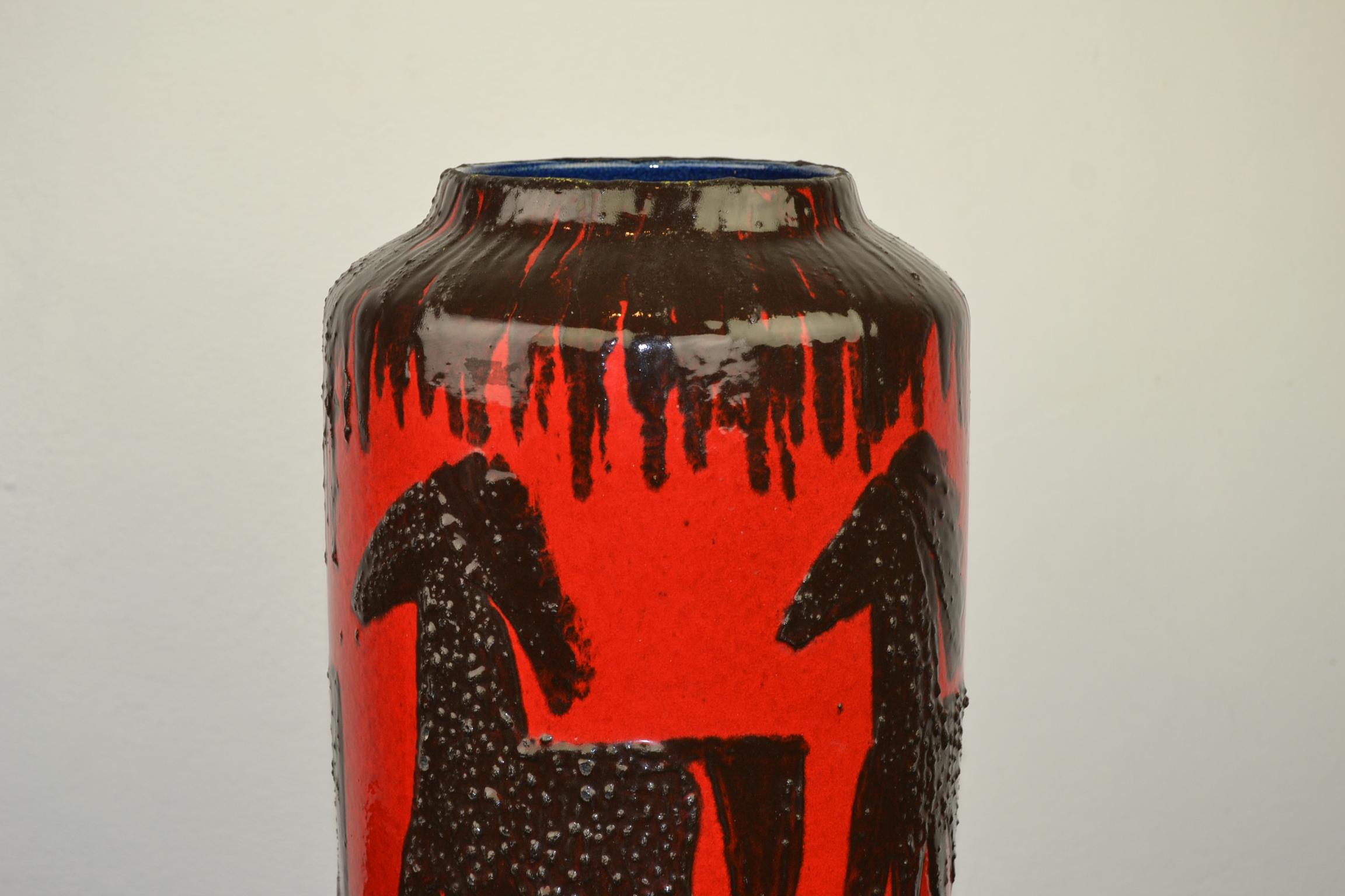 20th Century Red Fat Lava Horses Vase by Scheurich, Western Germany, 1960s For Sale