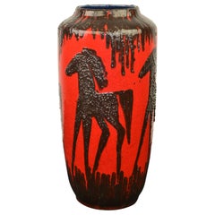 Vintage Red Fat Lava Horses Vase by Scheurich, Western Germany, 1960s