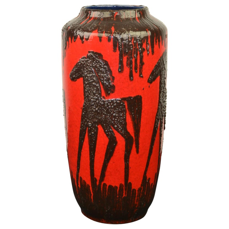 Red Fat Lava Horses Vase by Scheurich, Western Germany, 1960s For Sale