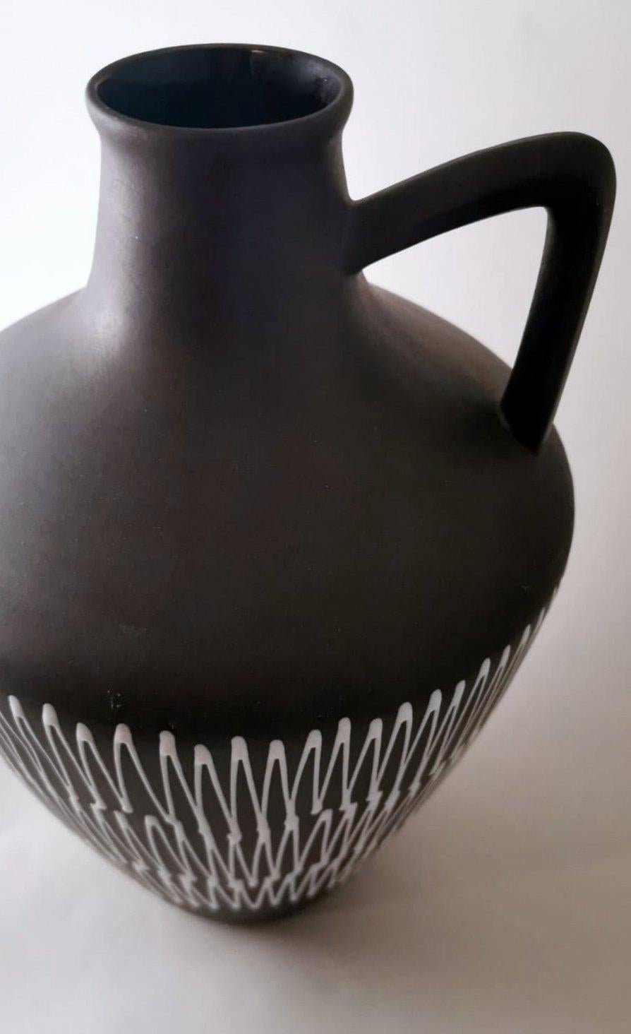 20th Century Fat-Lava Style German Dark And White Ceramic Pitcher For Sale