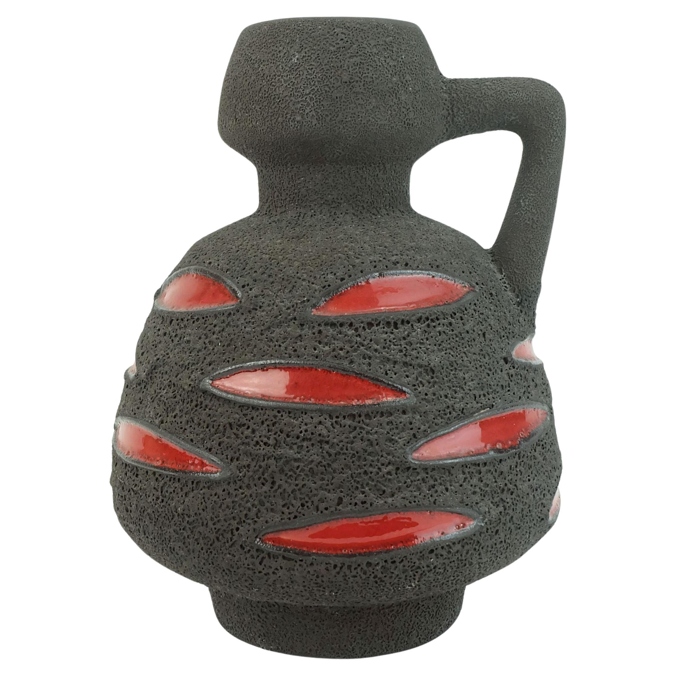 vaso di lava grassa ceramica schlossberg anni '70 marrone con motivo rosso lucido n. 64-25 in vendita
