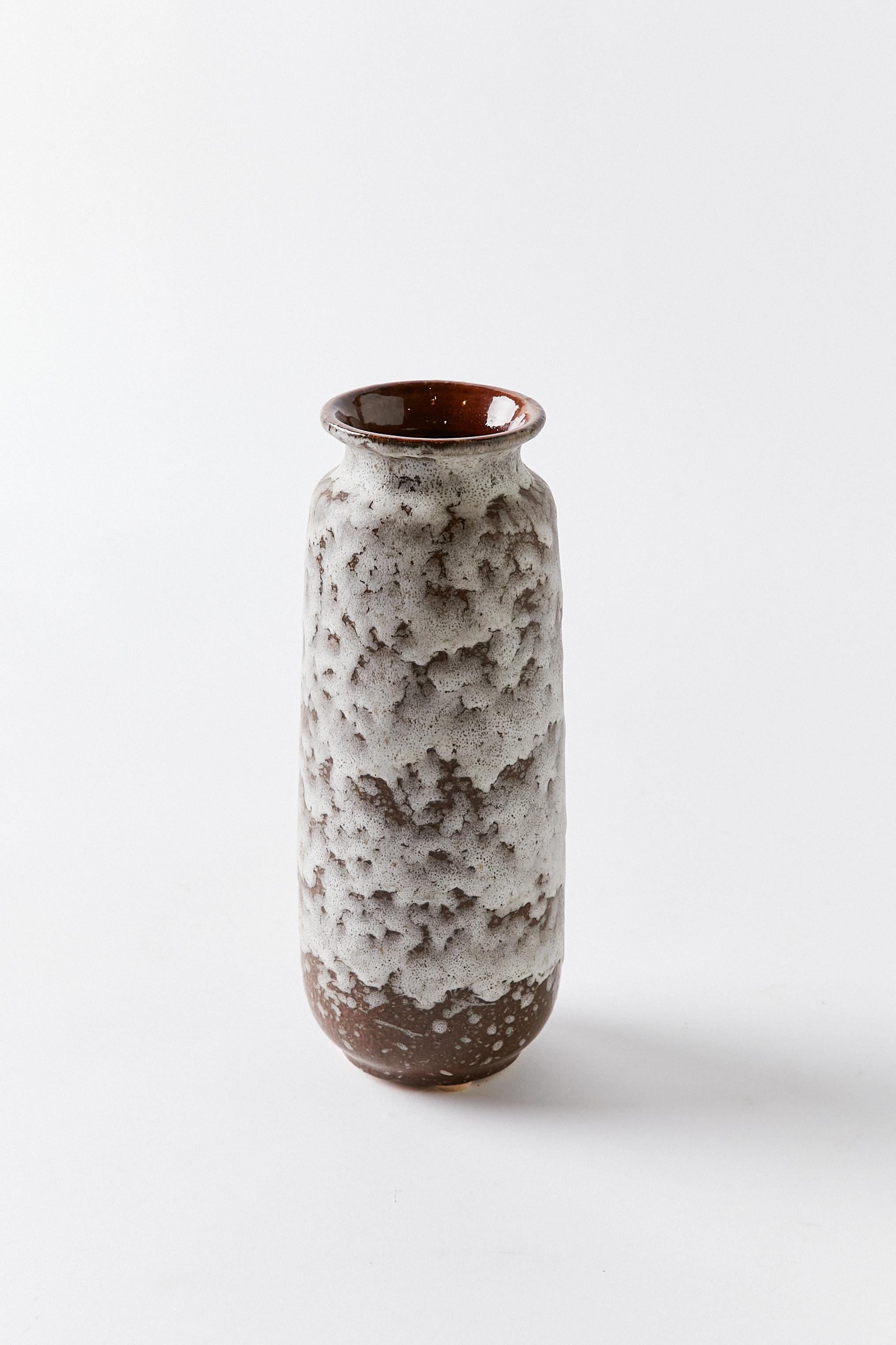 Fat lava vase with white textured finish by Scheurich Keramik, West Germany, 1960s. Signature stamp on bottom and label.