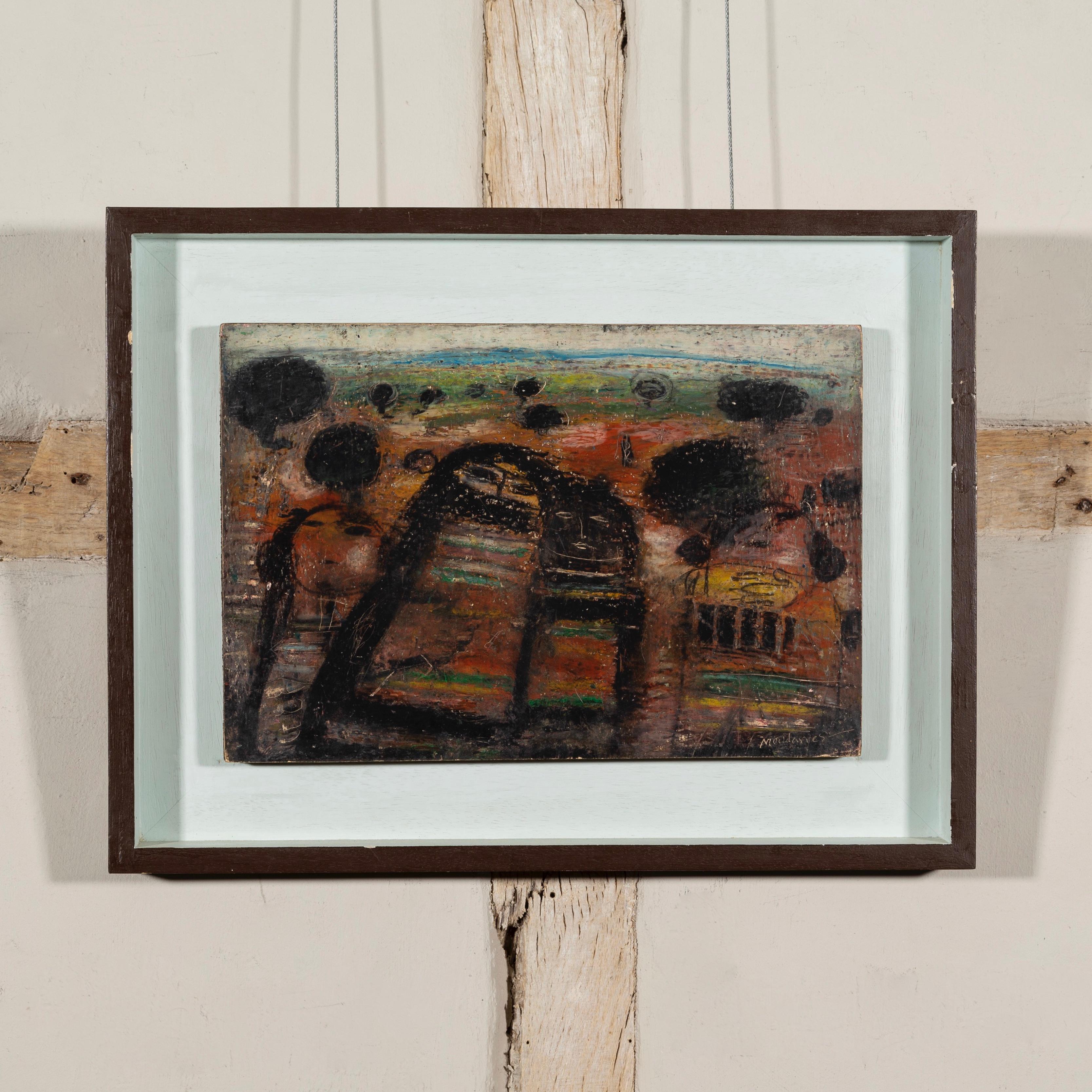 Untitles (Four Figures in a Landscape) - 20th C Abstracted Oil Painting with Red - Noir Abstract Painting par Fateh Moudarres