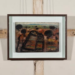 Untitles (Four Figures in a Landscape) - 20th C Abstracted Oil Painting with Red