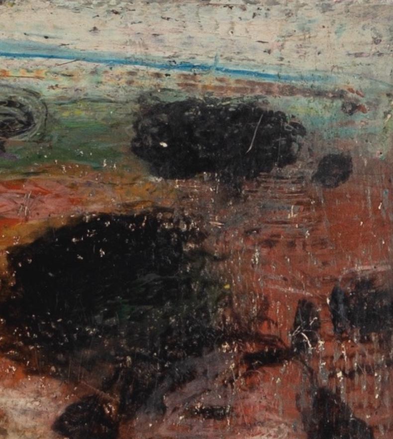 Untitles (Four Figures in a Landscape) - 20th C Abstracted Oil Painting with Red en vente 1