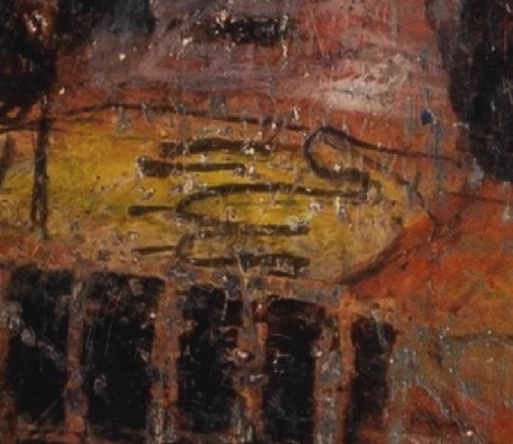 Untitles (Four Figures in a Landscape) - 20th C Abstracted Oil Painting with Red en vente 6