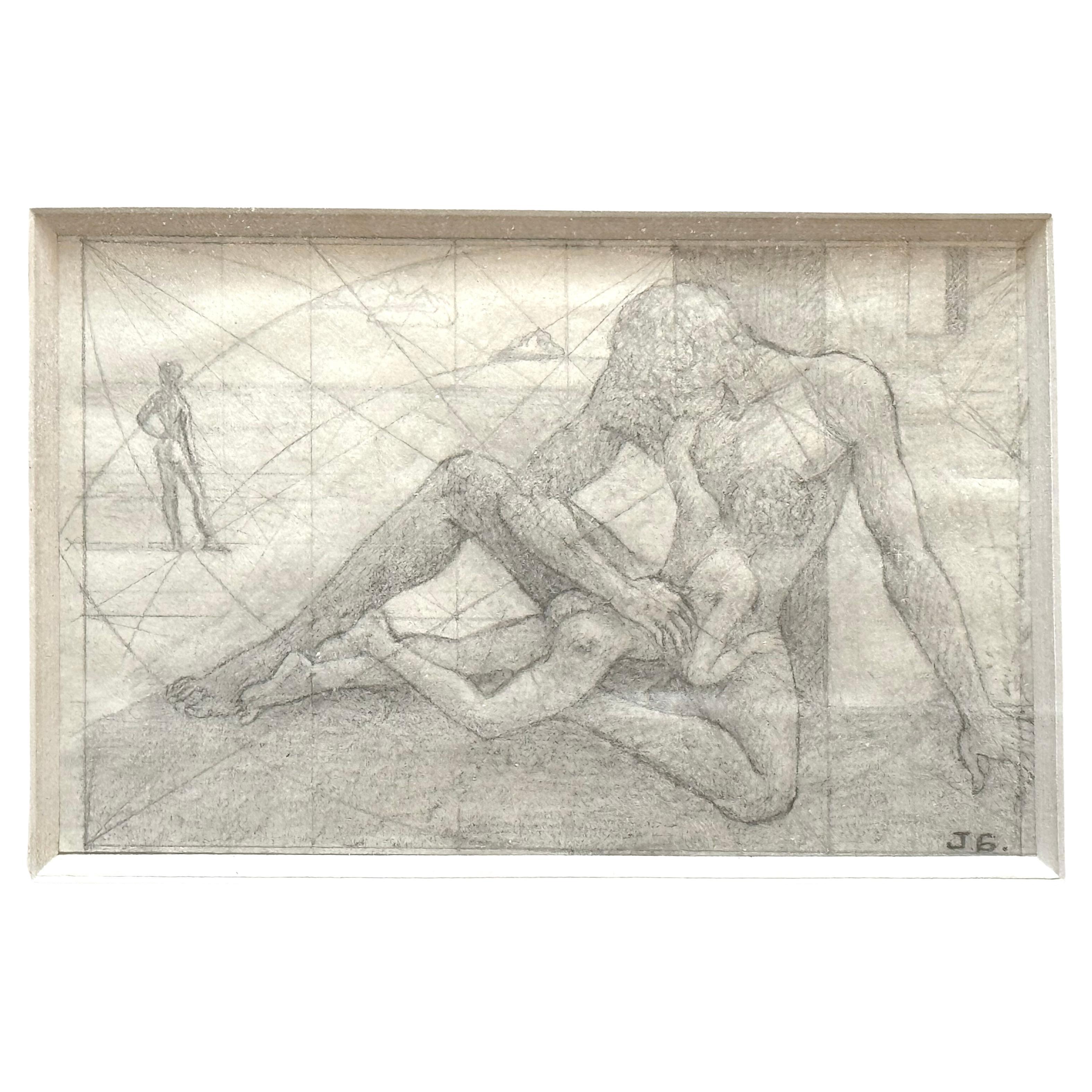 "Father and Son", Gentle, Affectionate Drawing by Jacques Azema, Morocco