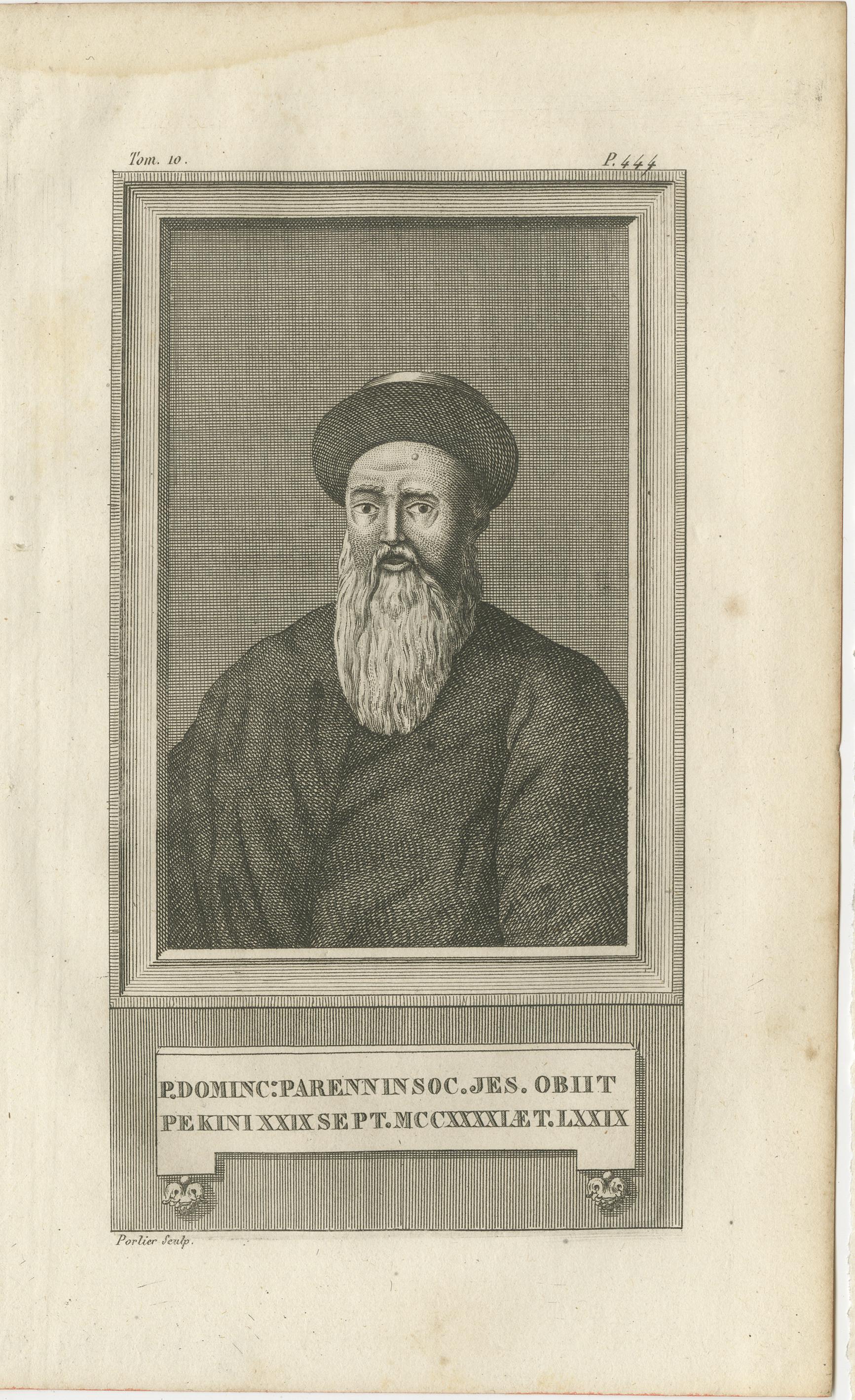 Father Dominique Parrenin – Jesuit Missionary in China, Portrait by Portier, c.1790

This fine late 18th-century engraving depicts Father Dominique Parrenin (1665–1741), a French Jesuit missionary who played a significant role in Sino-European