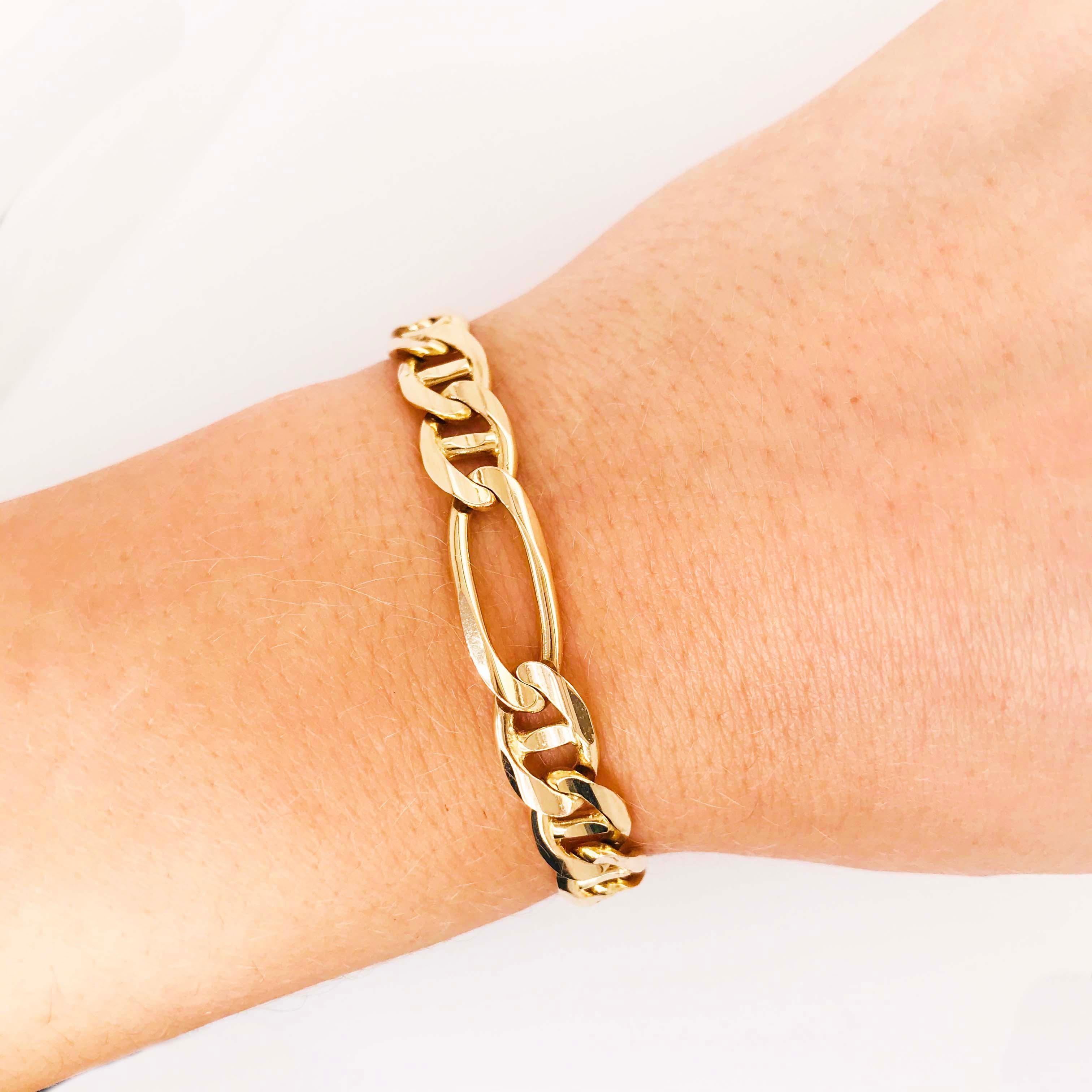 This 14kt gold,heavy, Figaro chain link bracelet is a staple in fashion chain jewelry! The Italian made Figaro chain bracelet is a handmade piece that was created and crafted in Italy. Italy is home to the best chain craftsmen. This heavy chain is