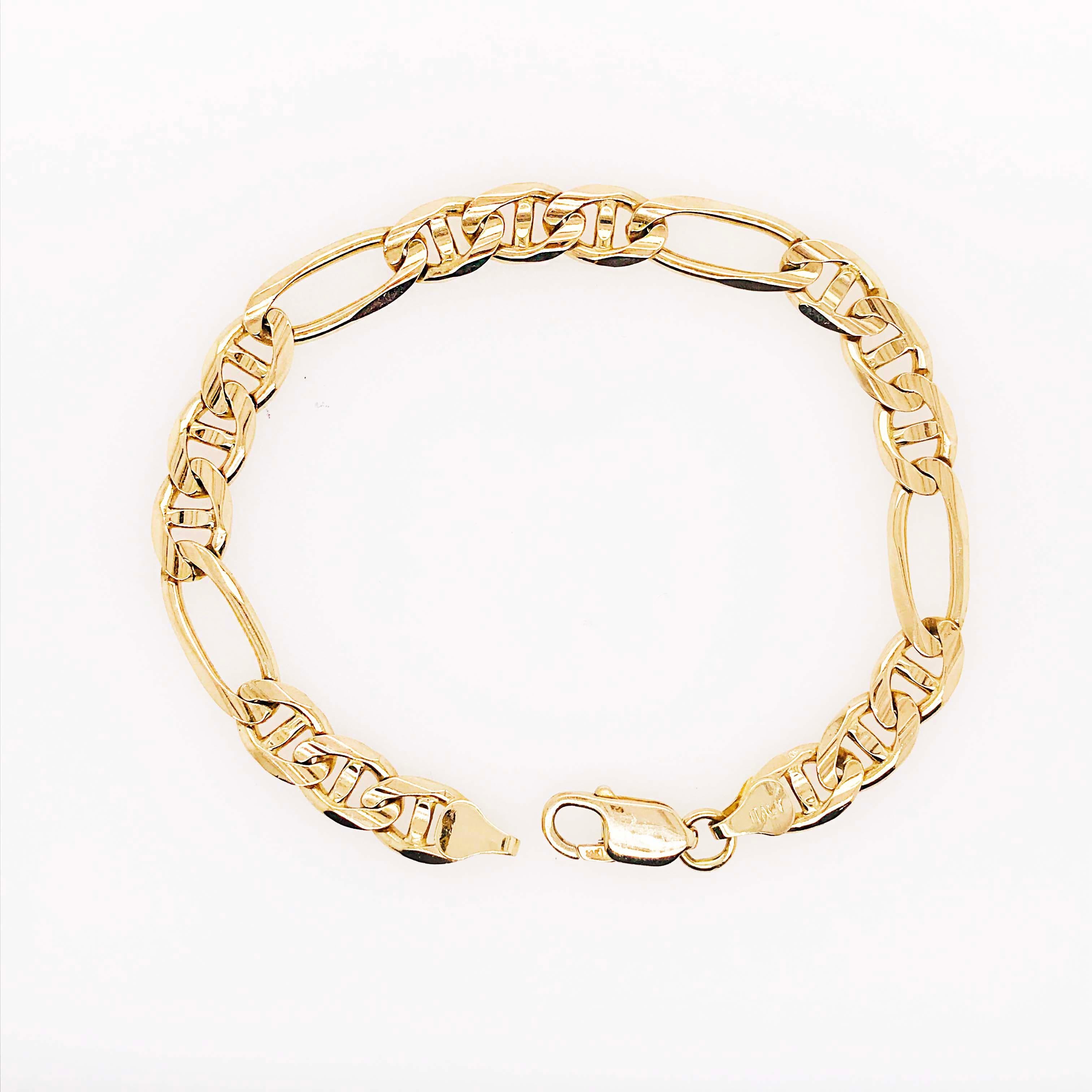 Retro Heavy Figaro Gold Chain Bracelet in 14 Karat Yellow Gold 8 1/2 Inch Long