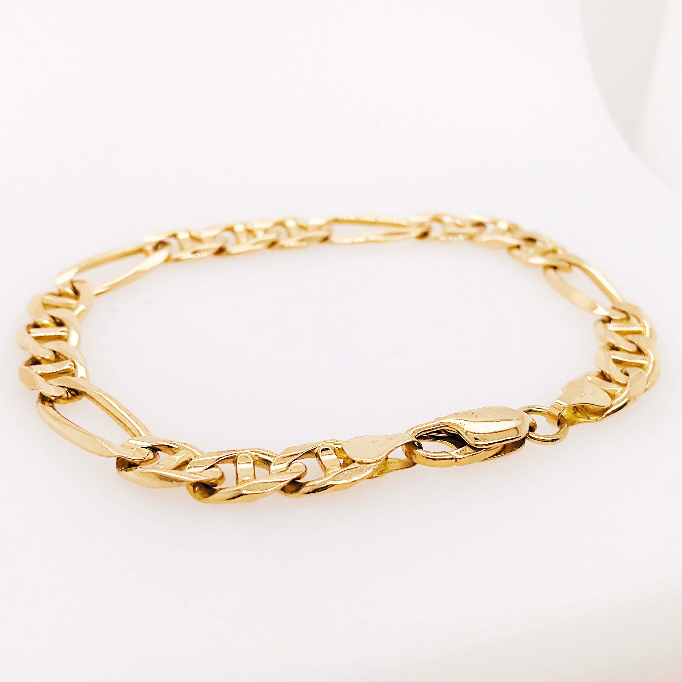 Heavy Figaro Gold Chain Bracelet in 14 Karat Yellow Gold 8 1/2 Inch Long In Excellent Condition In Austin, TX