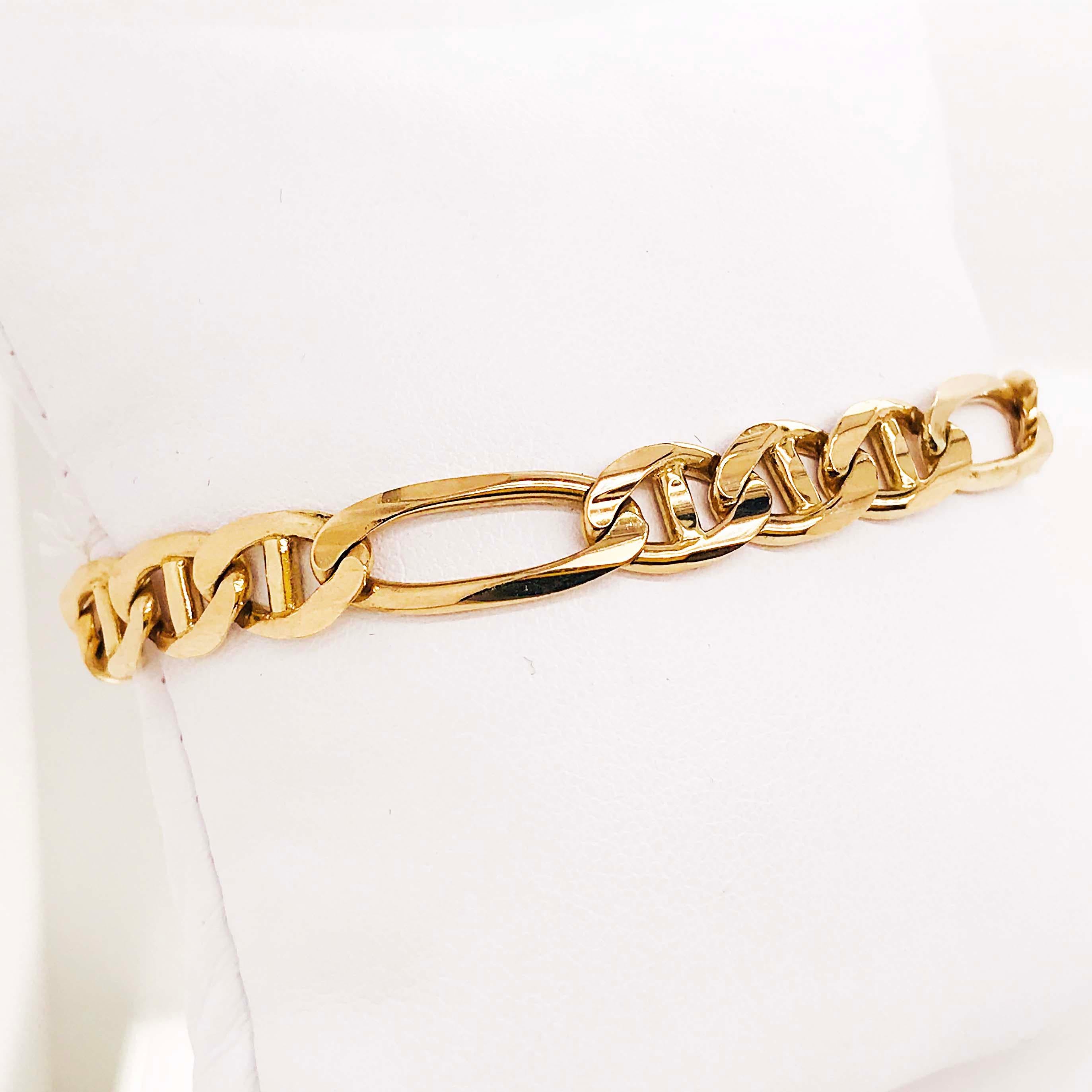 Heavy Figaro Gold Chain Bracelet in 14 Karat Yellow Gold 8 1/2 Inch Long 1