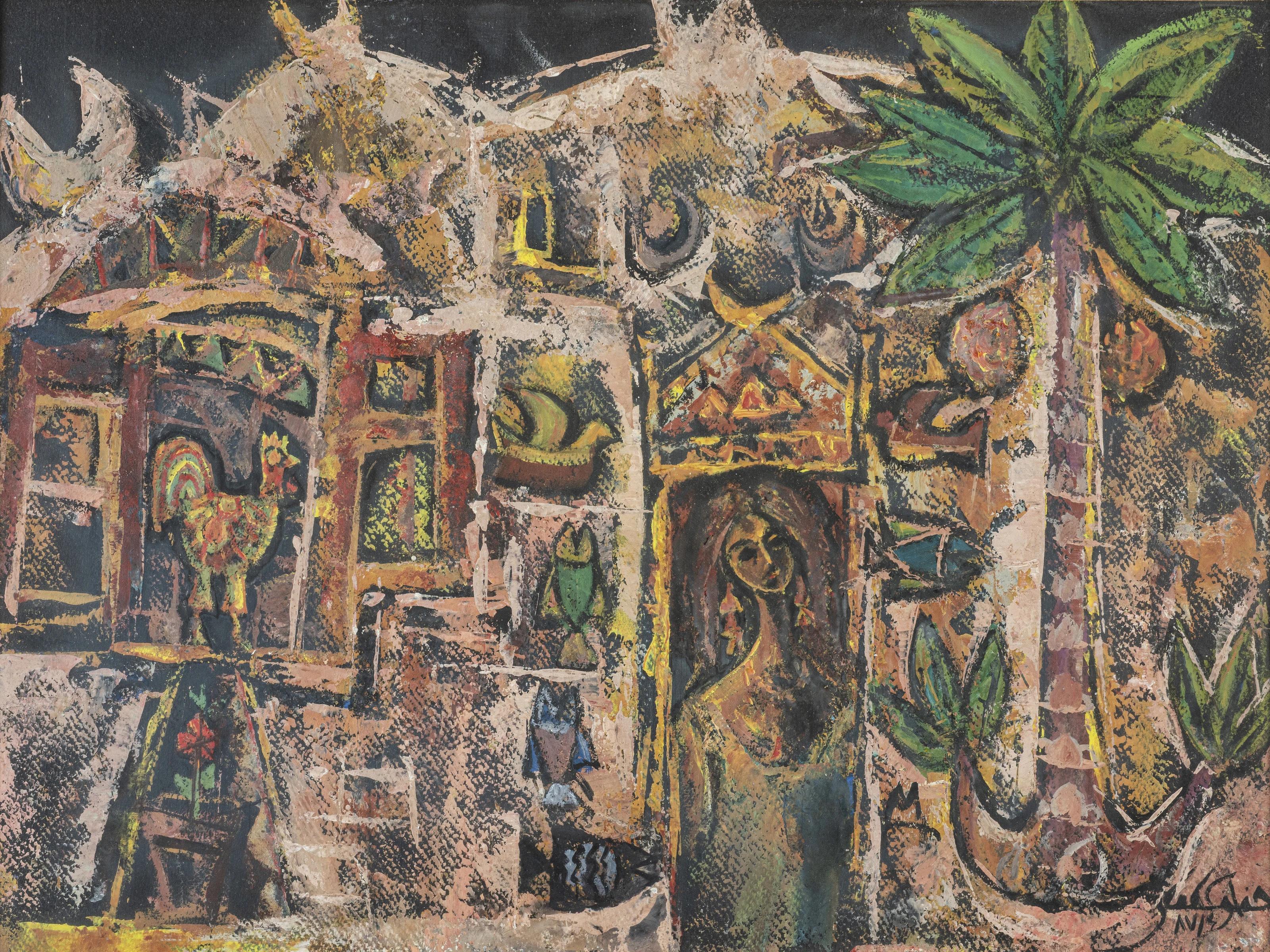 "Village Life" Oil painting 12" x 20" inch (1987) by Fathi Afifi

Fathy Afifi is an Egyptian Postwar & Contemporary artist who was born in 1950. 
He participated in local and international exhibitions in Cairo, Berlin and Vienna. He won the seventh
