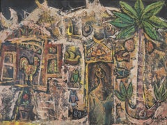 "Village Life" Oil painting 12" x 20" inch (1987) by Fathi Afifi