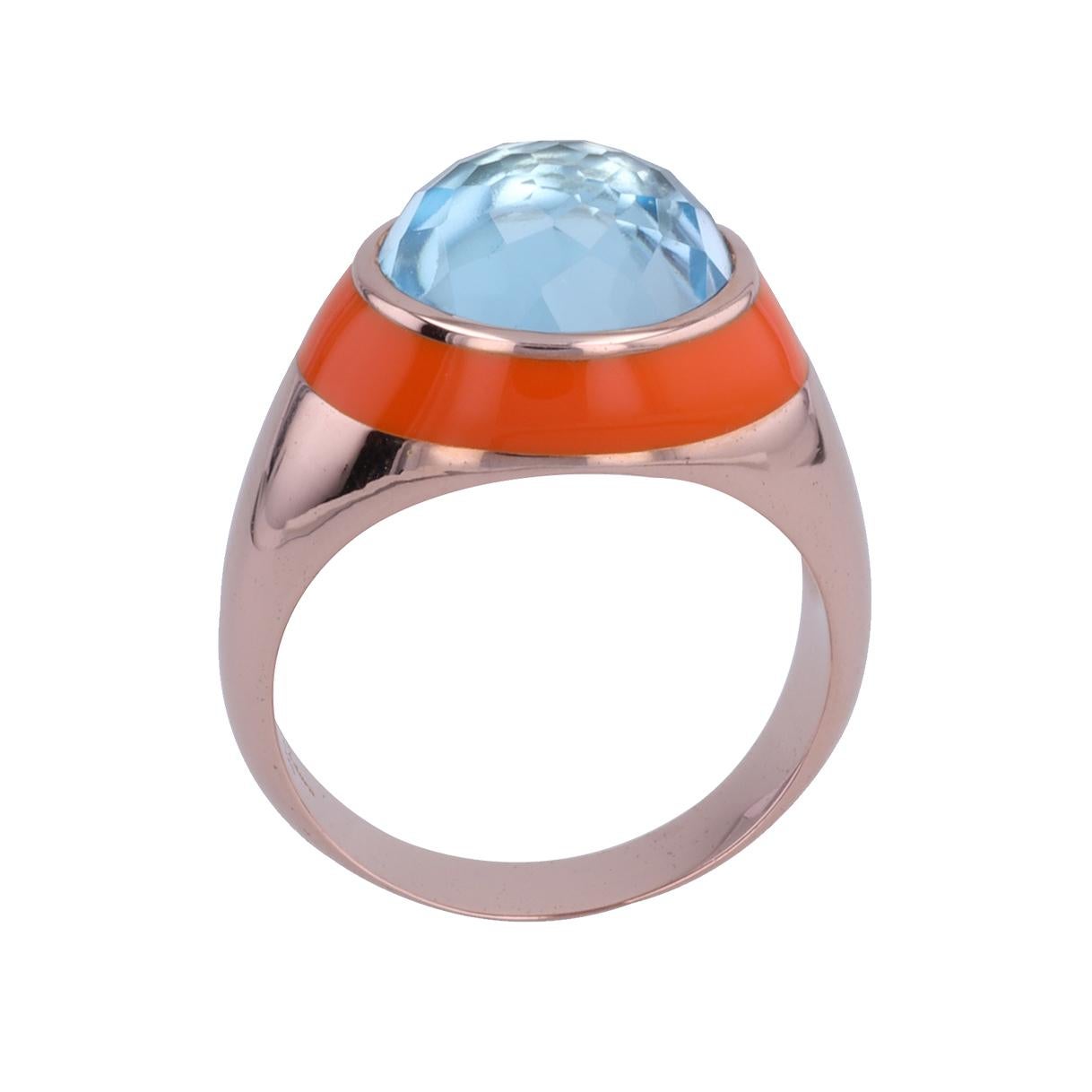 Cabochon Fathom Enamel Ring with Sky Blue Topaz in Rose Gold For Sale