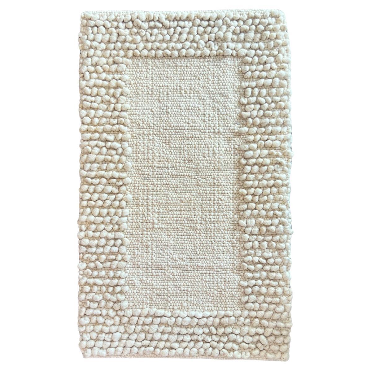 Fatima Bobble Frame Sheep Wool Area Rug in White 2.5ft by 4ft, Handmade For Sale