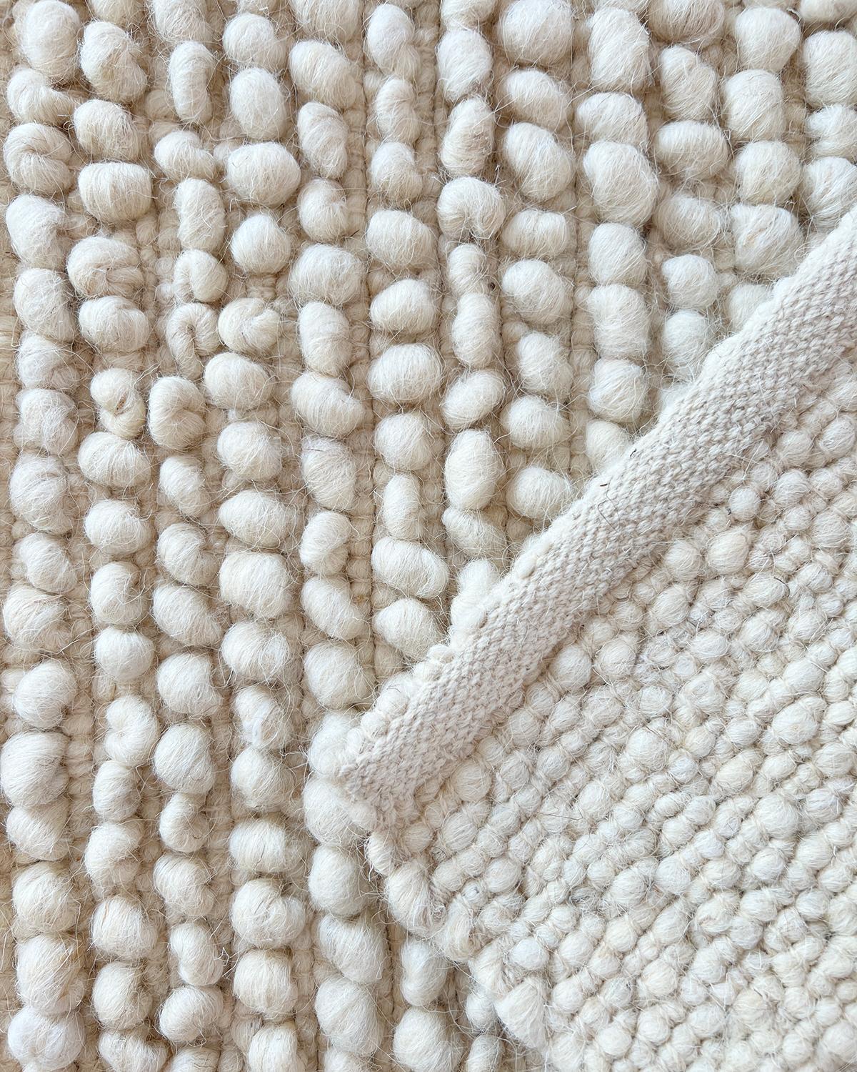 Organic Modern Fatima Bobble Sheep Wool Area Rug in White 2.5ft by 4ft, Handmade For Sale
