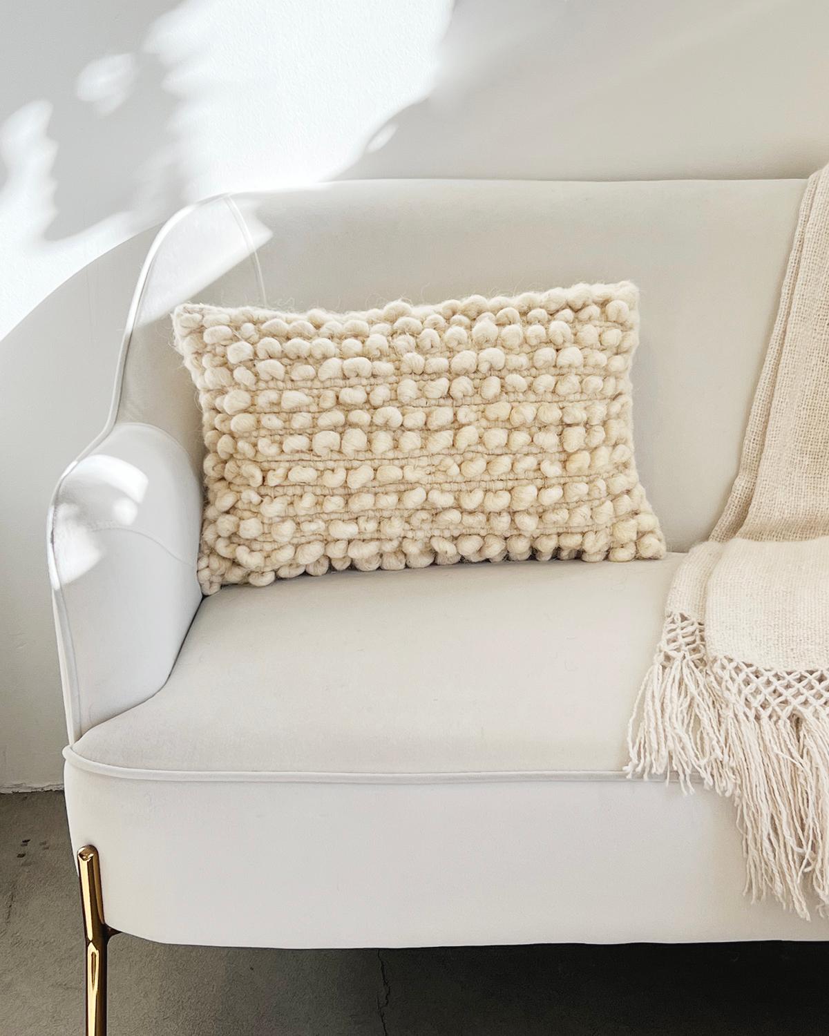 Contemporary Fatima Bobble Throw Pillow in Cream White made from 100% sheep wool - 20