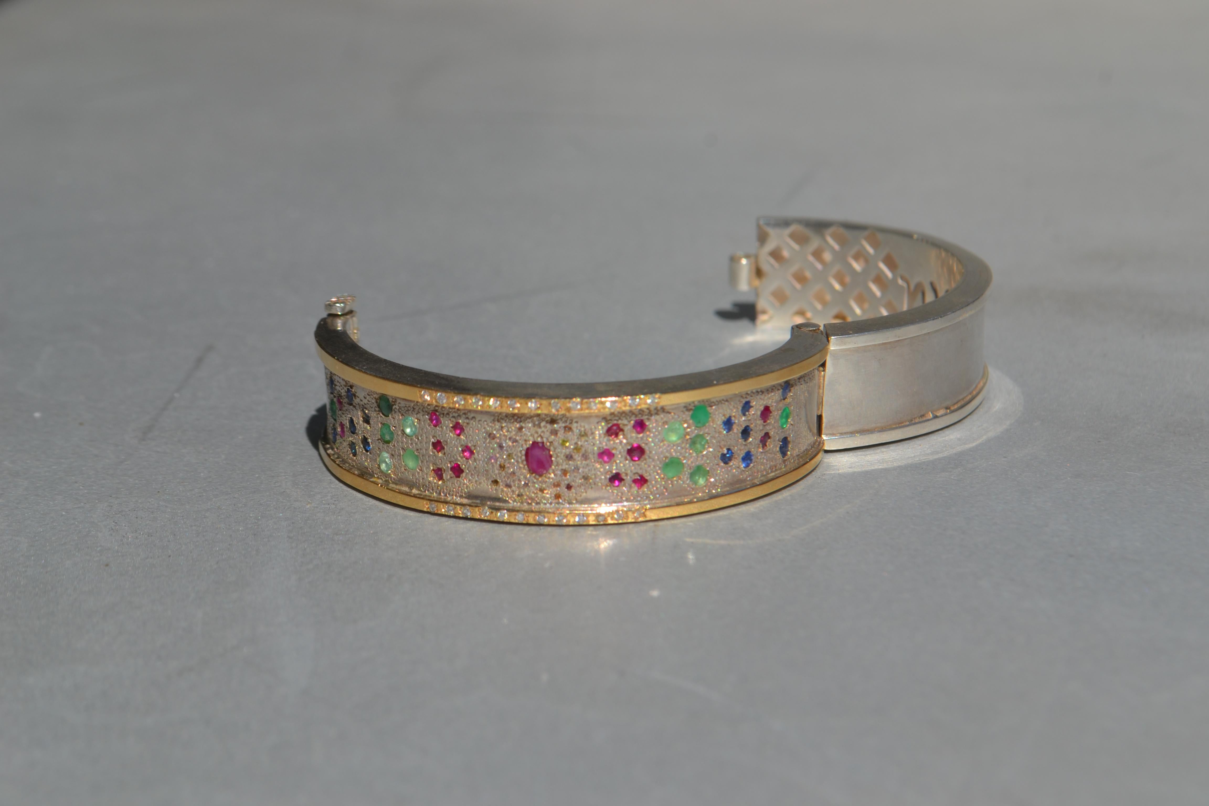 Aesthetic Movement Fatima Bracelet in Gold & Silver with Emerald, Sapphires, Rubies and Diamonds For Sale