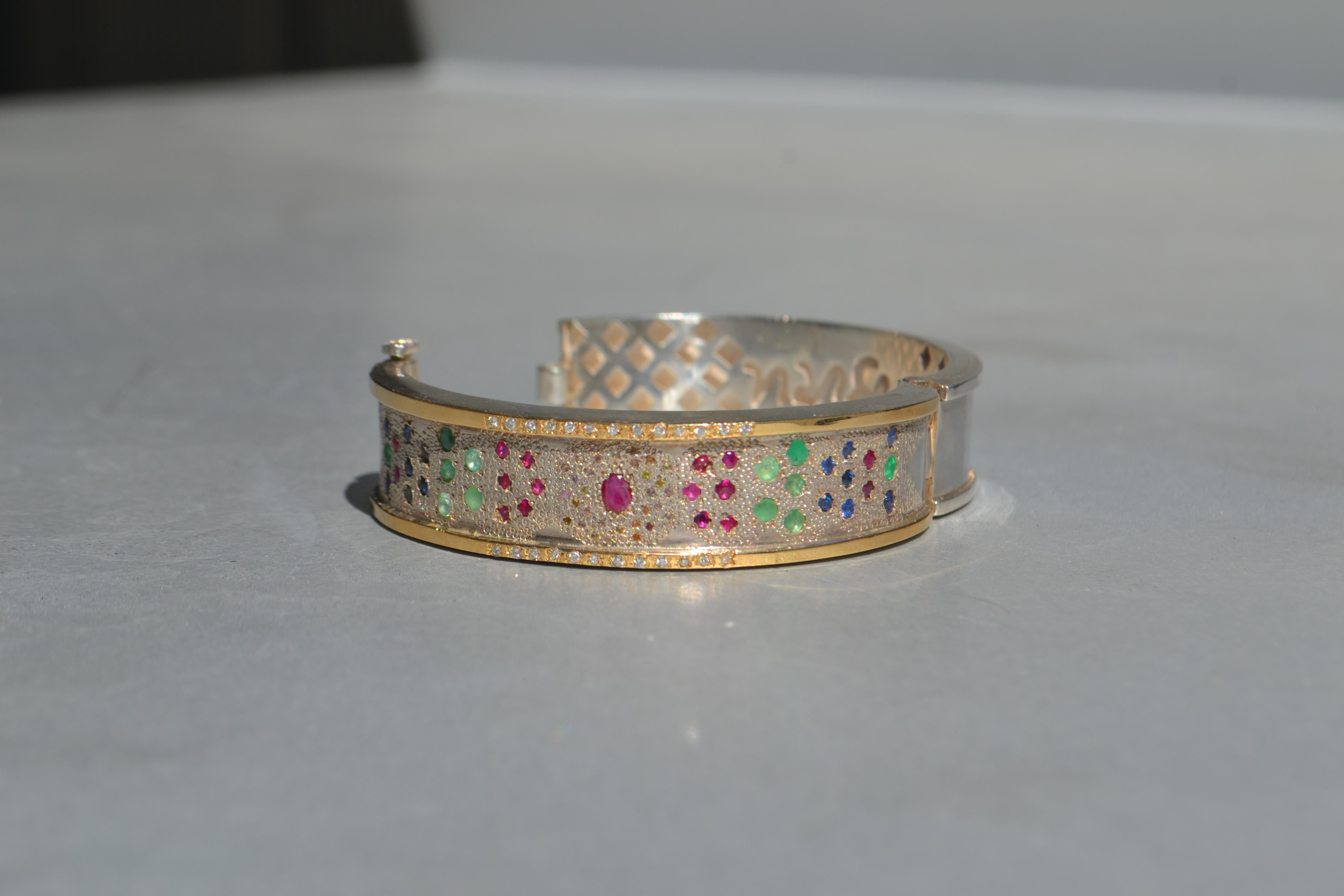 Fatima Bracelet in Gold & Silver with Emerald, Sapphires, Rubies and Diamonds In New Condition For Sale In Miami, FL