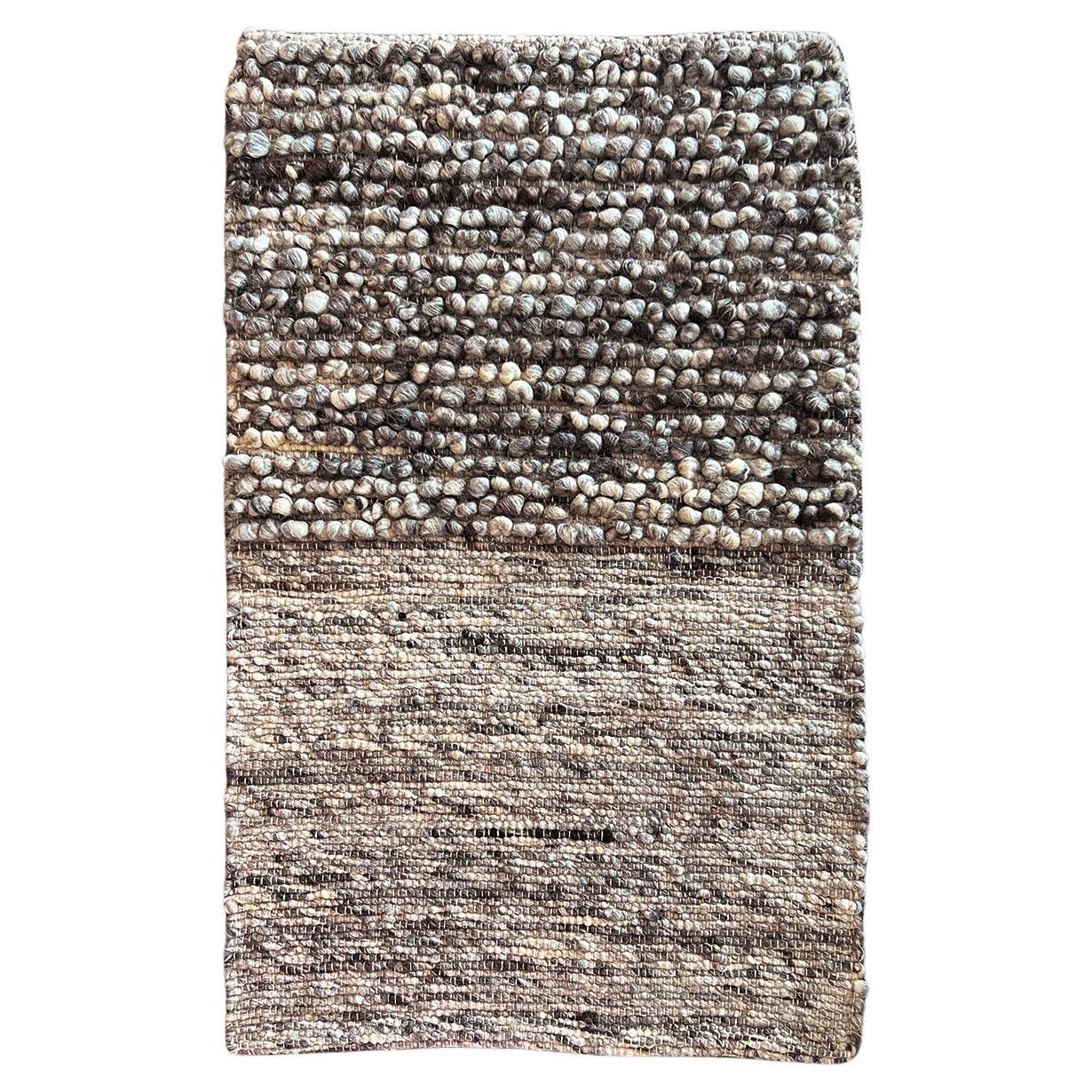Fatima Half Bobble Sheep Wool Area Rug in Gray 2.5ft by 4ft, Handmade For Sale