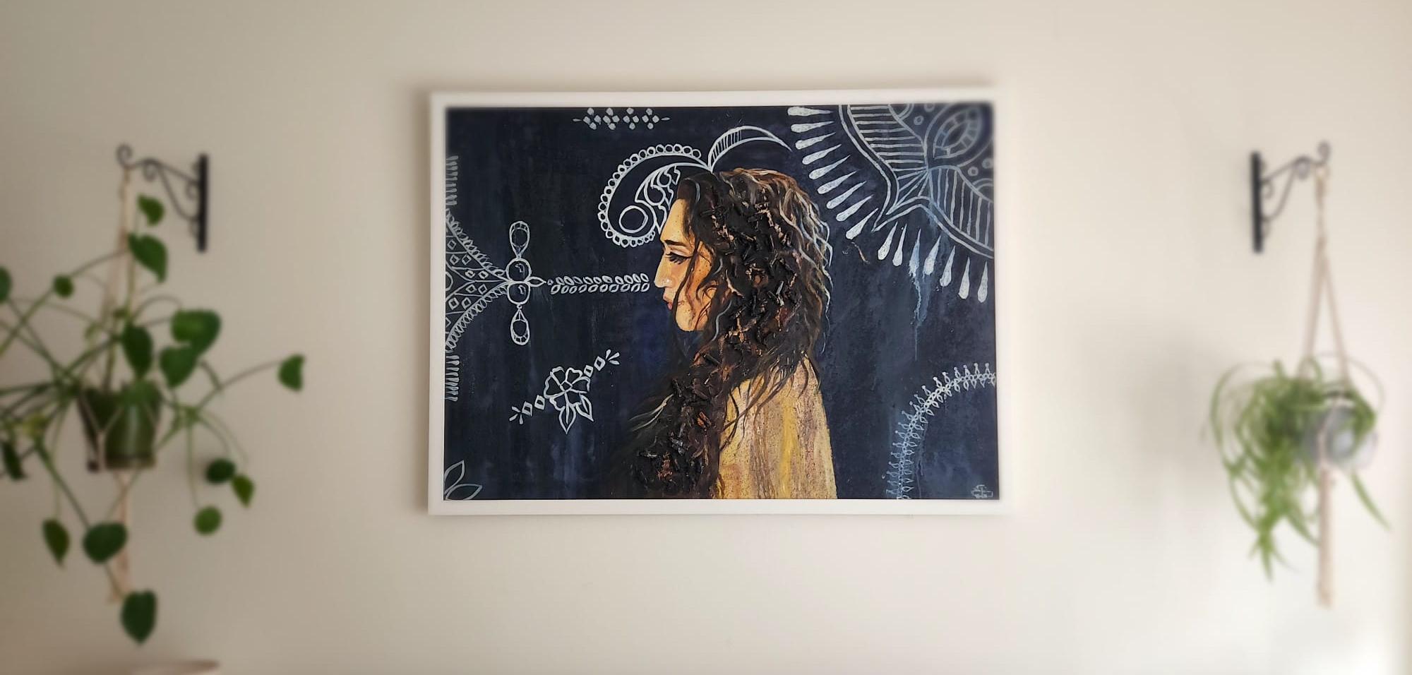 Bargain Aunty - Black Portrait Painting by Fatima Zaidi