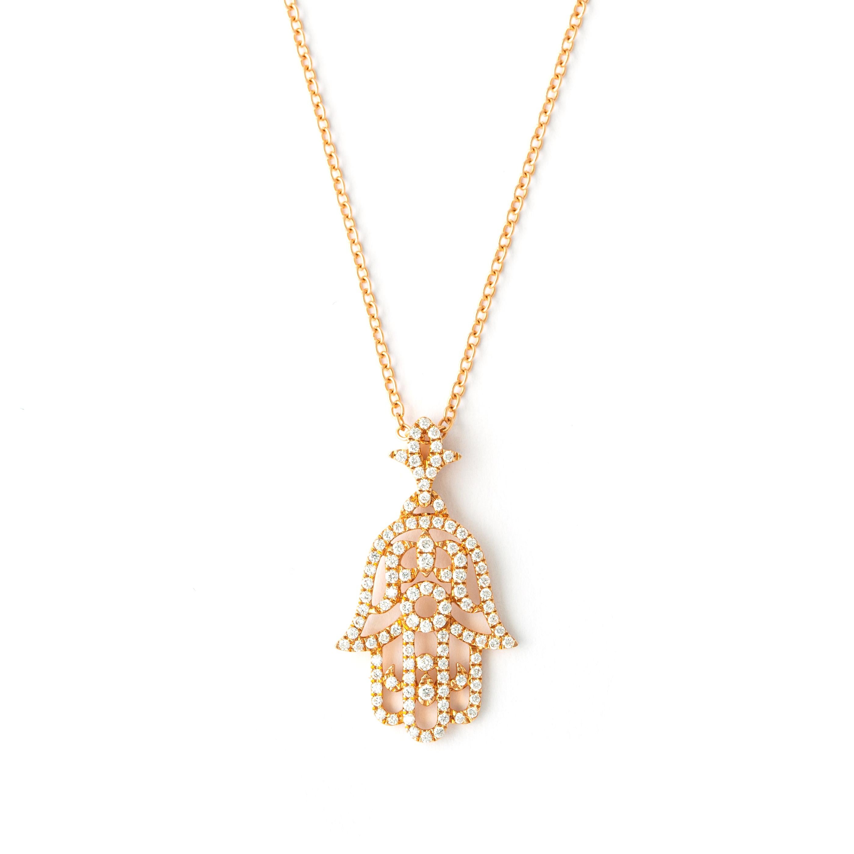 Fatma Hand pendant in 18kt pink gold set with 103 diamonds 0.33 cts small model.

Length: 45.00 centimeters (17.72 inches) up to 50.00 centimeters (19.69 inches).

Pendant length :2.50 centimeters ( 0.98 inches) 

Total weight: 3.76 grams. 