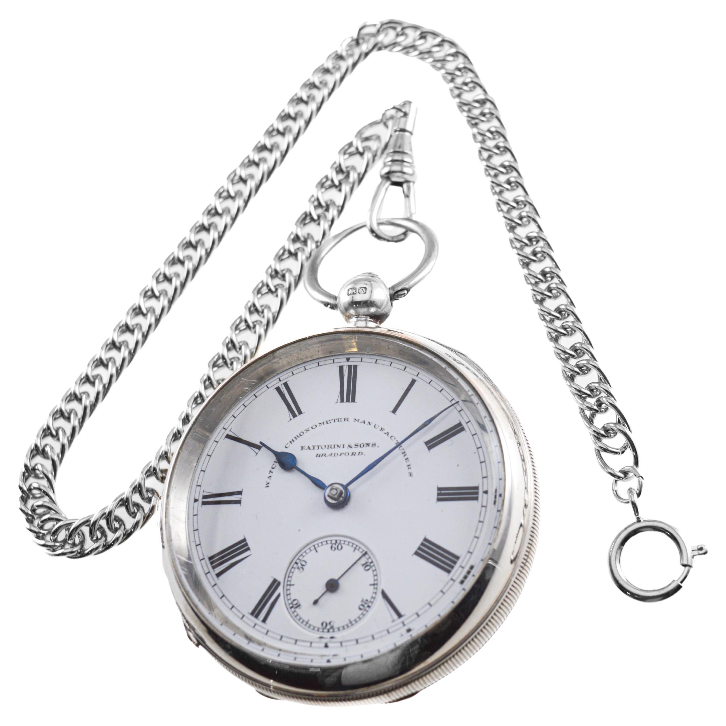 FACTORY / HOUSE: Fattorini & Sons
STYLE / REFERENCE: Full Size Keywind
METAL / MATERIAL: Sterling Silver
CIRCA / YEAR: 1880's
DIMENSIONS / SIZE: Diameter 55mm
MOVEMENT / CALIBER: Key Winding / 7 Jewels 
DIAL / HANDS: Kiln Fired Enamel with Roman