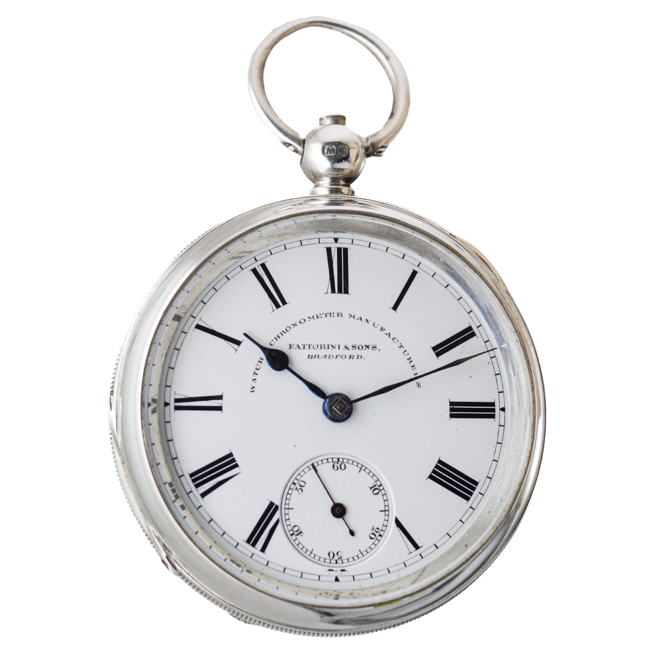 Art Deco Fattorini & Sons Silver Keywind with Original Kiln Fired Enamel Dial from 1880's For Sale