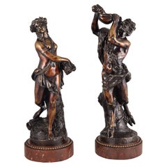 Faun and Bacchante, Bronze, Rouge Griotte, France, 19th Century, after Clodion