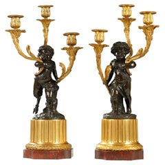 "Faun and Bacchus" Bronze Candelabras After Clodion, France, Circa 1880