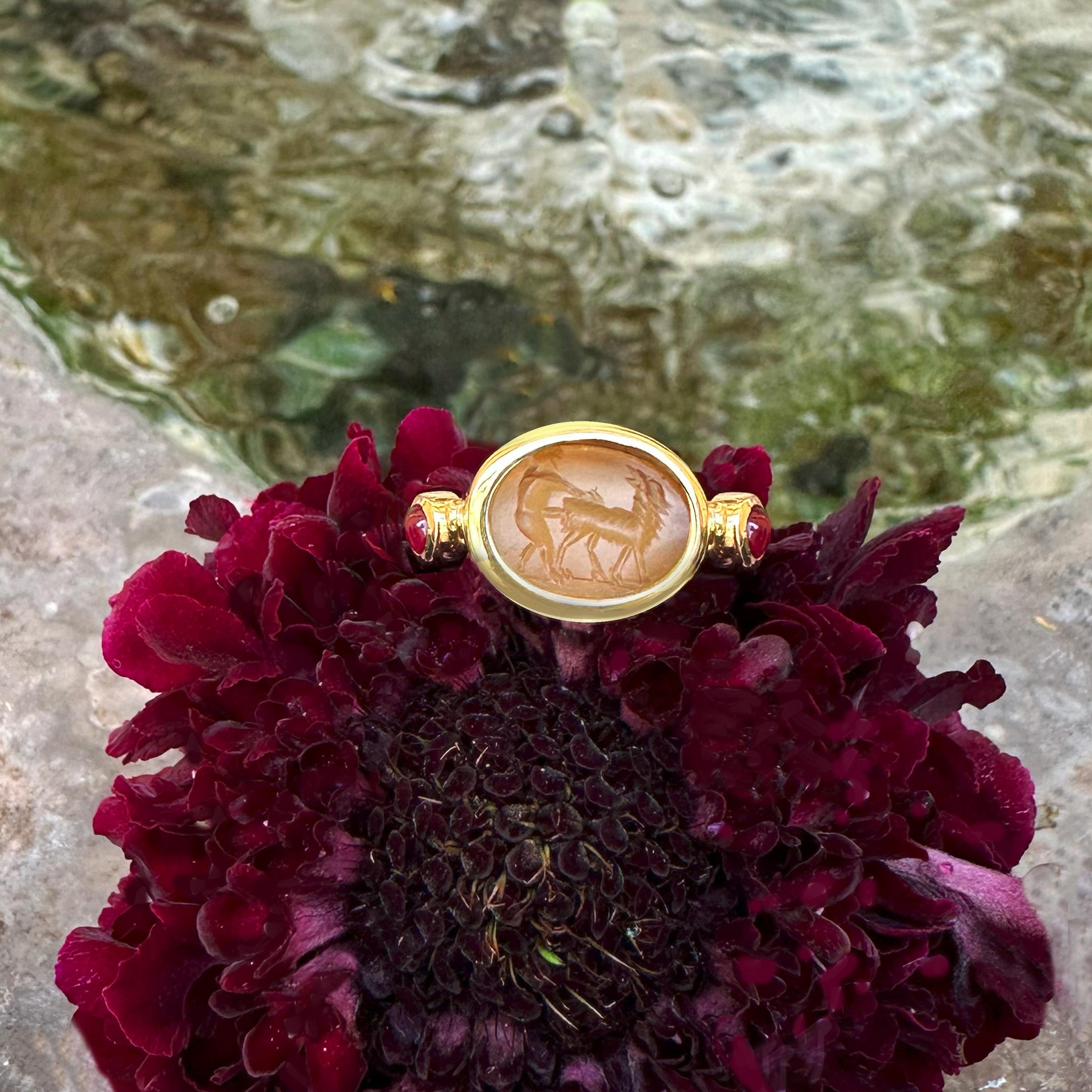 An authentic Roman carnelian from the 1st-2nd century AD has been set in this 18 kt gold ring. which depicts a faun, a woodland deity, and a goat—a classical motif rich in symbolism and mythological meaning.

The mythology says that Jupiter was the