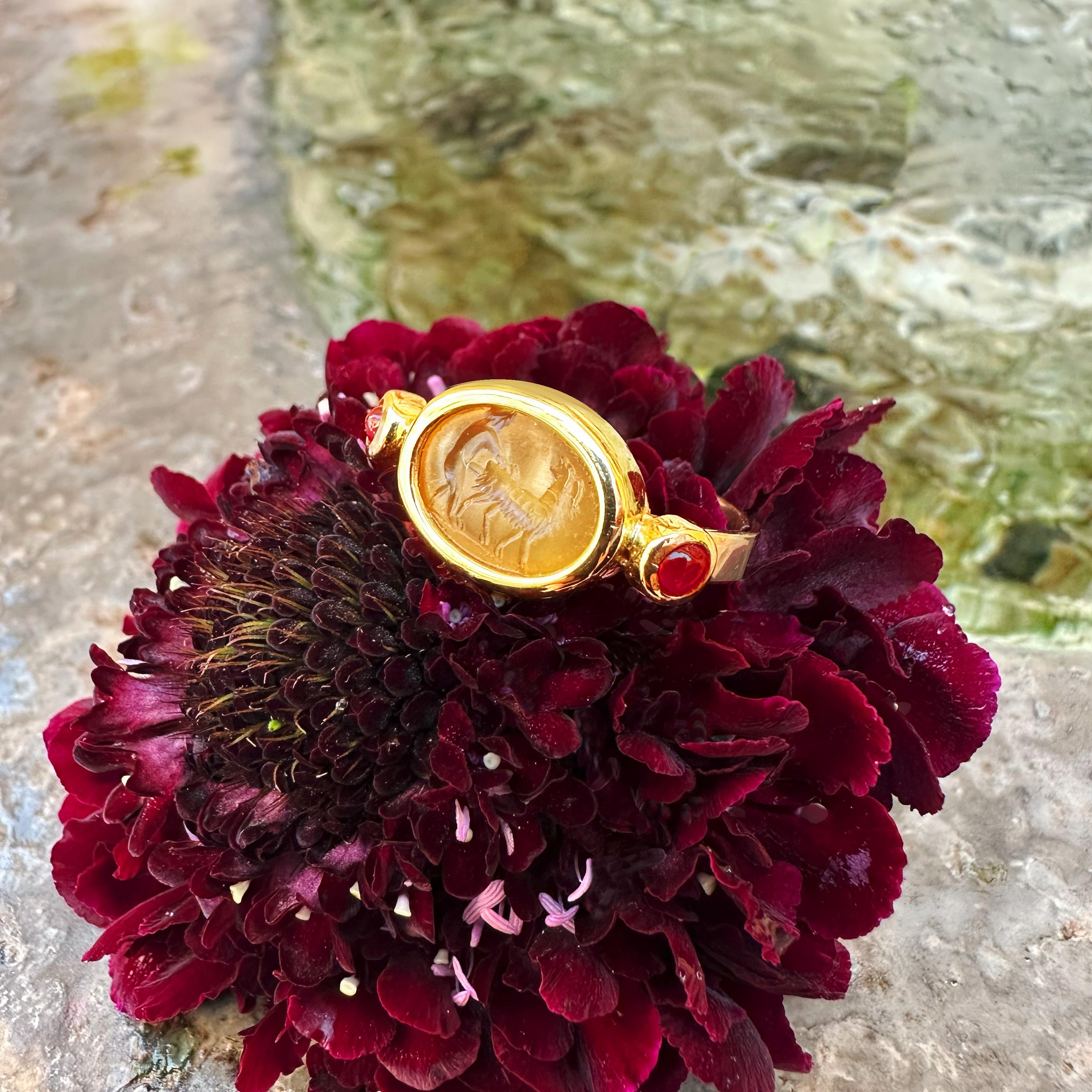 Oval Cut FAUN AND GOAT Authentic Roman Carnelian Intaglio 18Kt Gold Ring For Sale