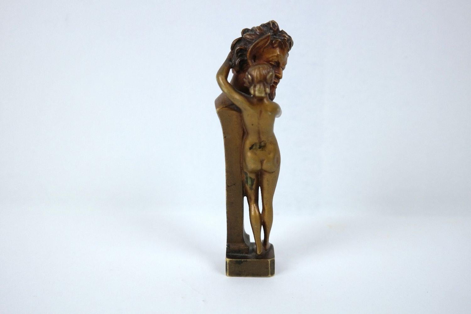 Faun and Nymph, flawless condition, rare art nouveau Wiener bronze Titze stamp seal sculpture with monogram E.T, Titze, Austria