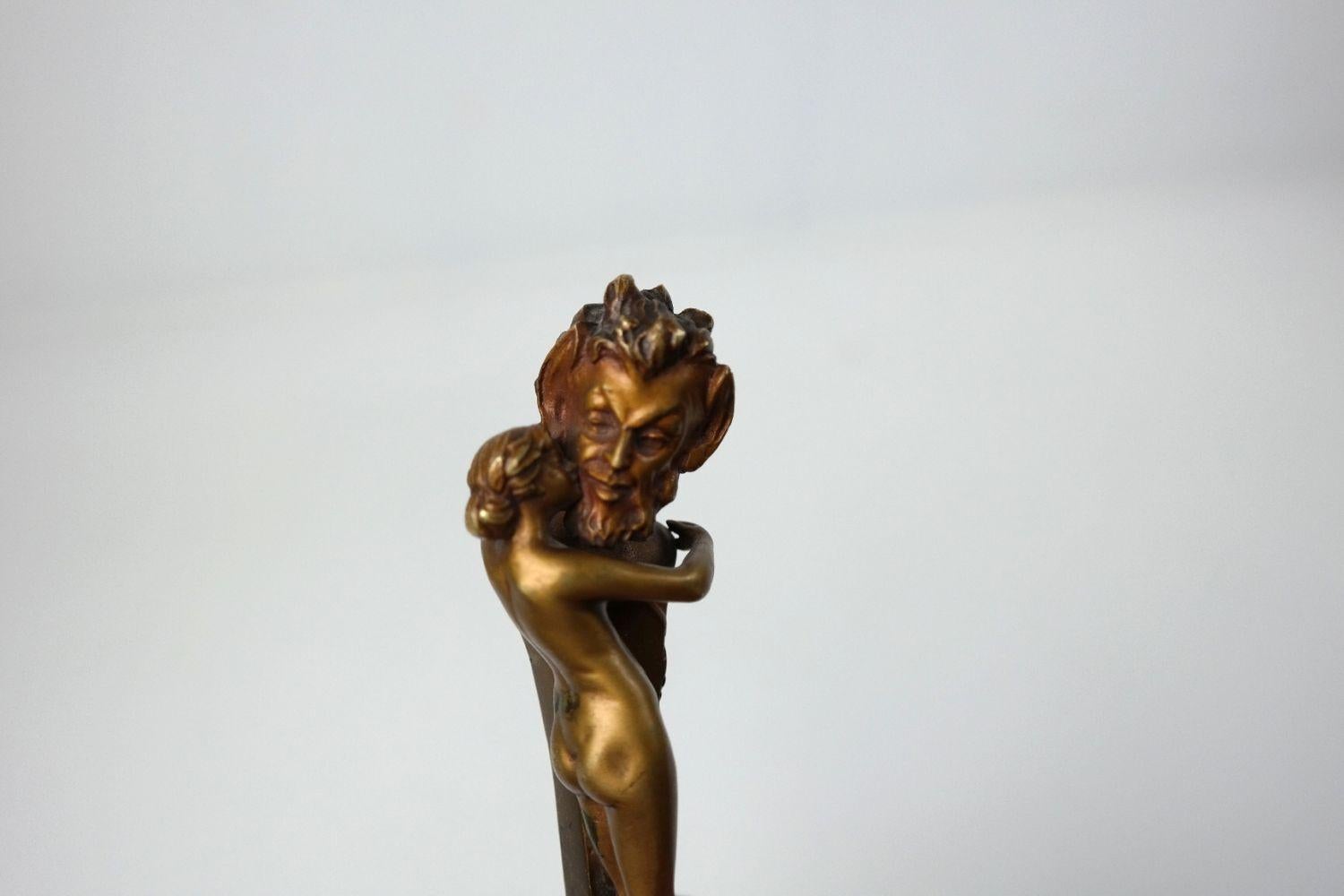 20th Century Faun and nymph, art nouveau Wiener bronze Titze wax seal stamp with monogram E.T For Sale