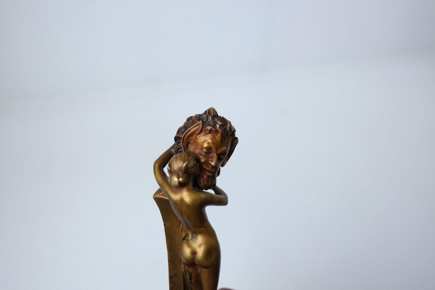 Bronze Faun and nymph, art nouveau Wiener bronze Titze wax seal stamp with monogram E.T For Sale