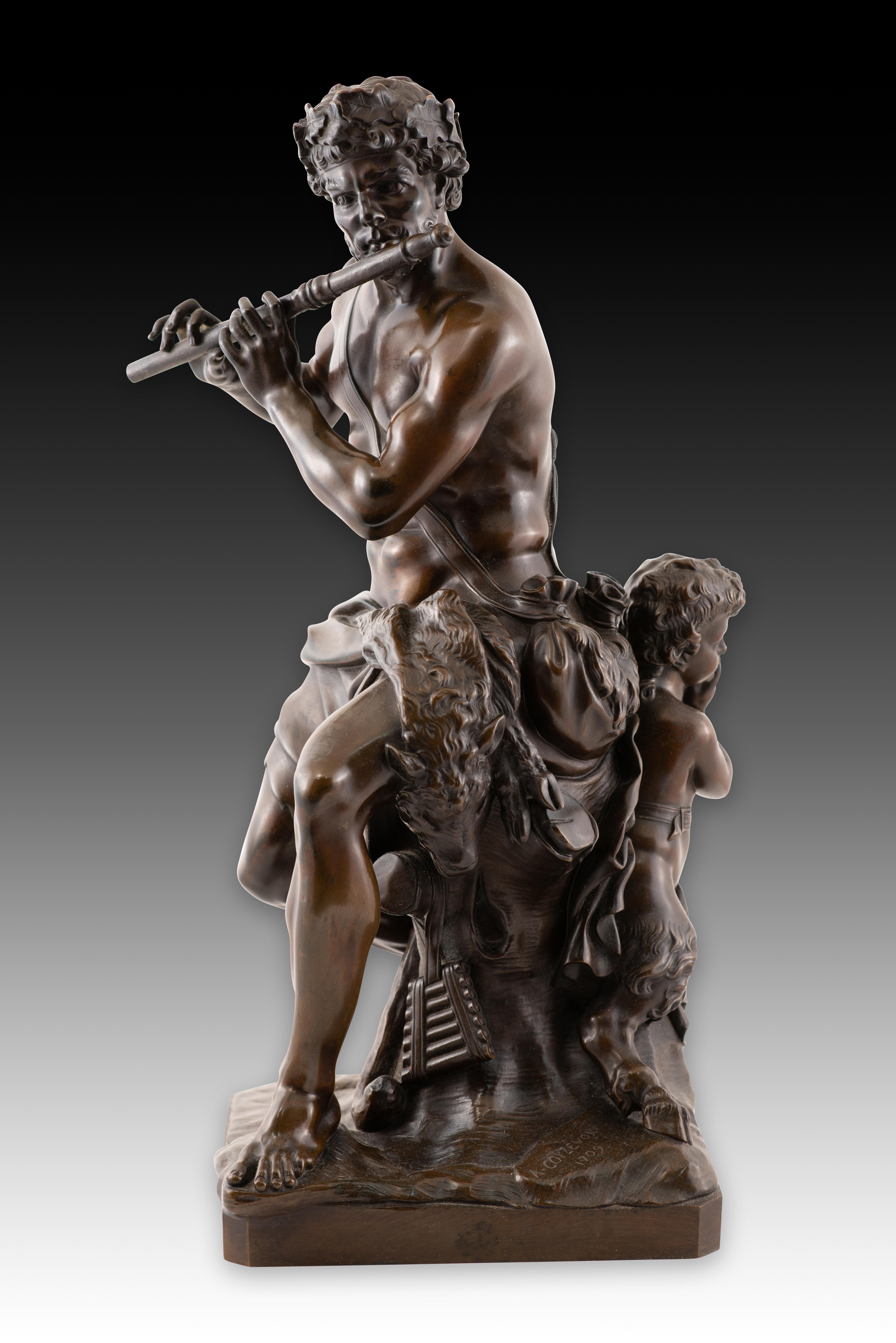  Faun spielt Flöte. Bronze. Nach den Modellen von Antoine Coysevòx. Punze von Achille Collas, mechanische Reduktion, Gießerei Barbedienne. Frankreich, möglicherweise im dritten Drittel des 19. Jahrhunderts. 
Mit Unterschriften, Datum und Siegel.

