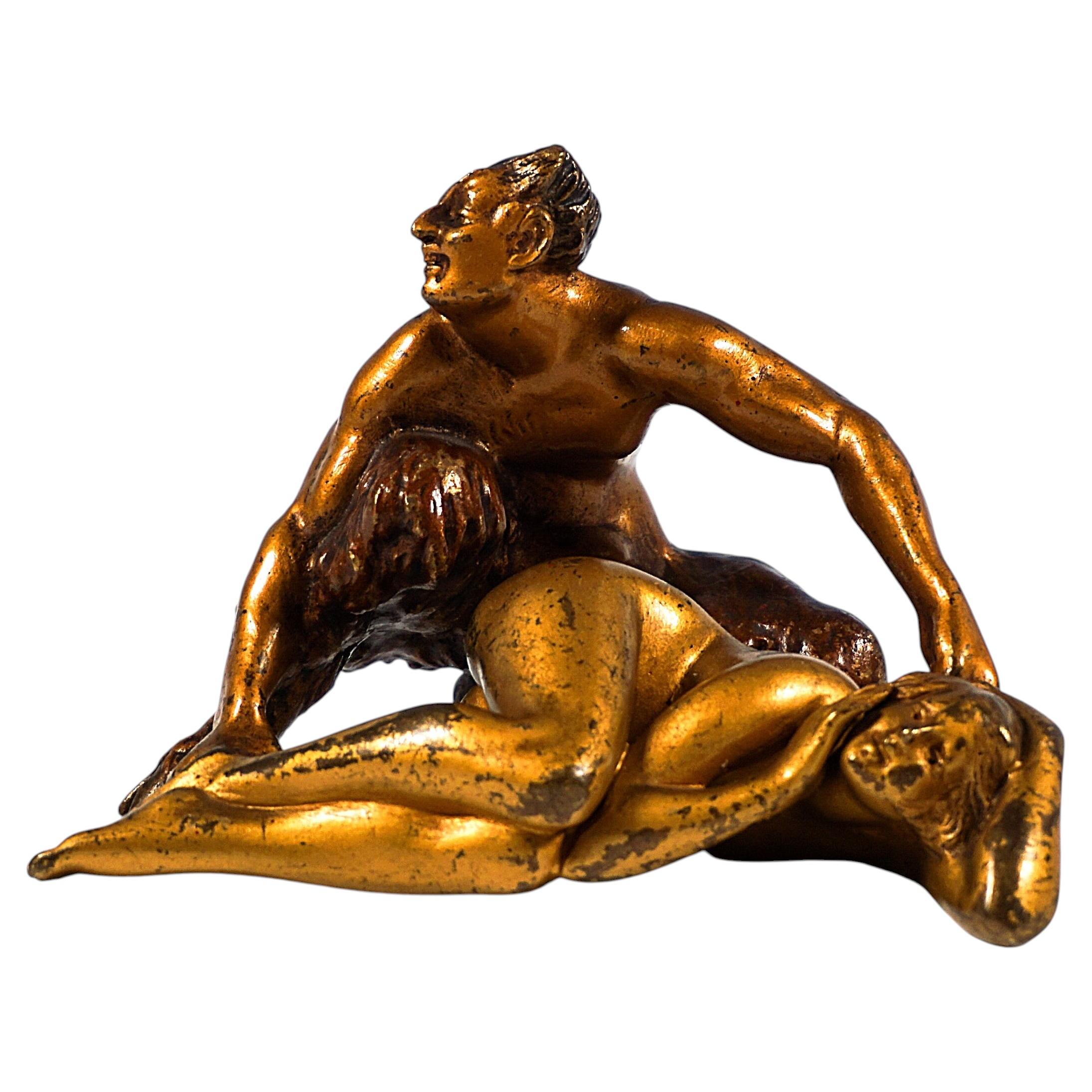 Faun With Female Nude, Original Viennese Erotic Bronze, by Bergmann, Circa 1920 For Sale