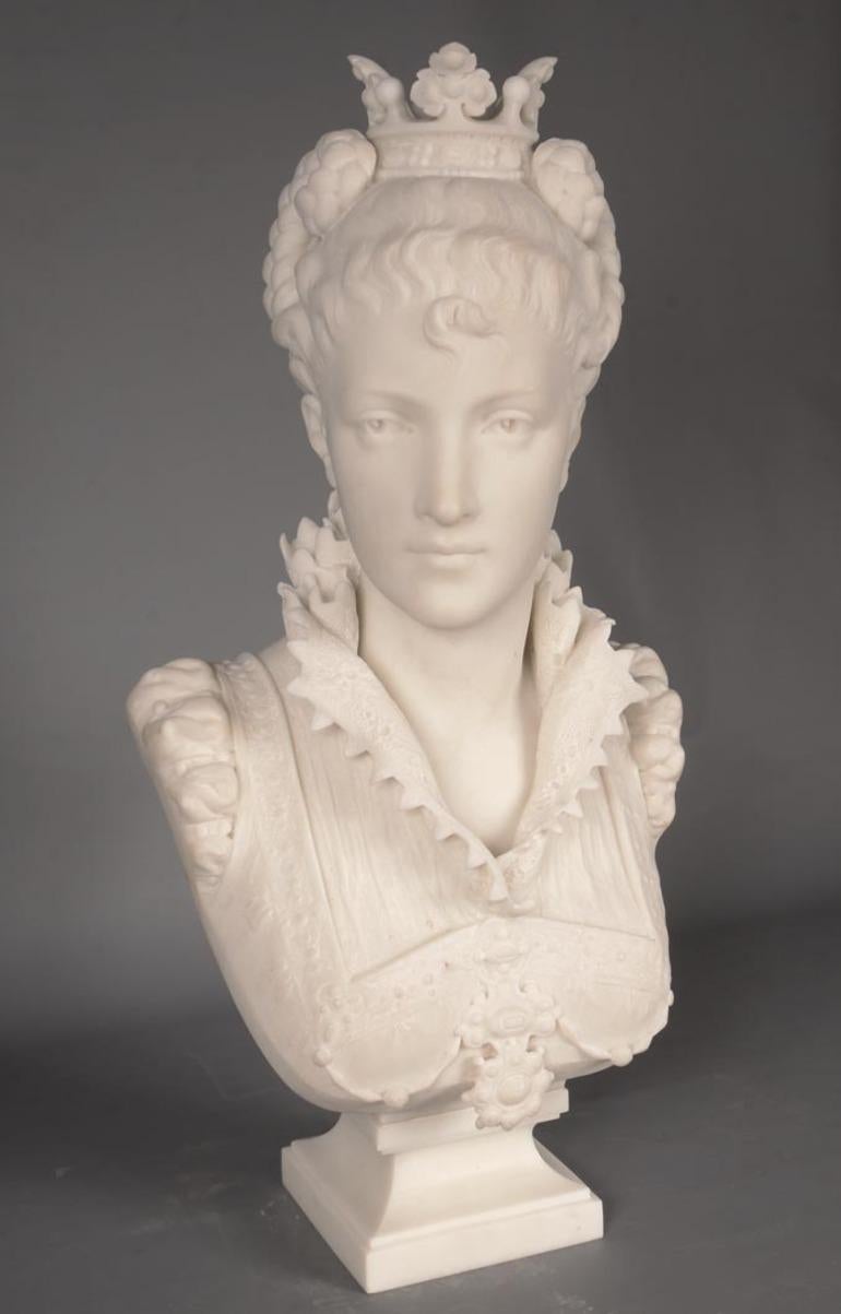 This marble bust of a young woman dressed in a very rich Renaissance costume was executed by Vincent Désiré Faure de Broussé in 1876. It is signed and dated, and can be compared to the bust of a “Florentine patrician” that he exhibited at the Paris