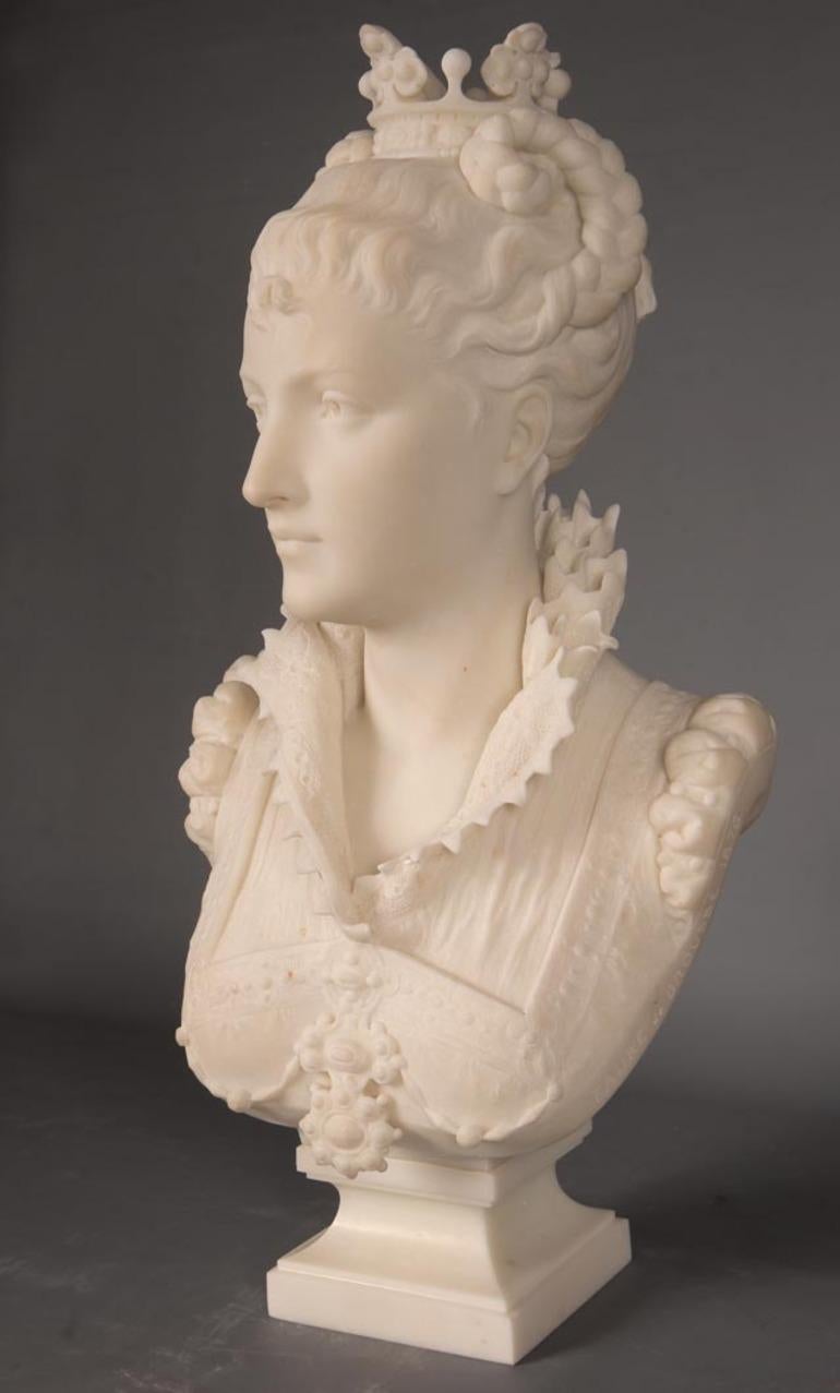 Renaissance Revival FAURE DE BROUSSÉ, Bust of a woman in Renaissance costume in statuary marble