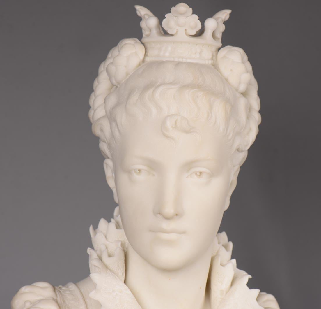 Hand-Carved FAURE DE BROUSSÉ, Bust of a woman in Renaissance costume in statuary marble